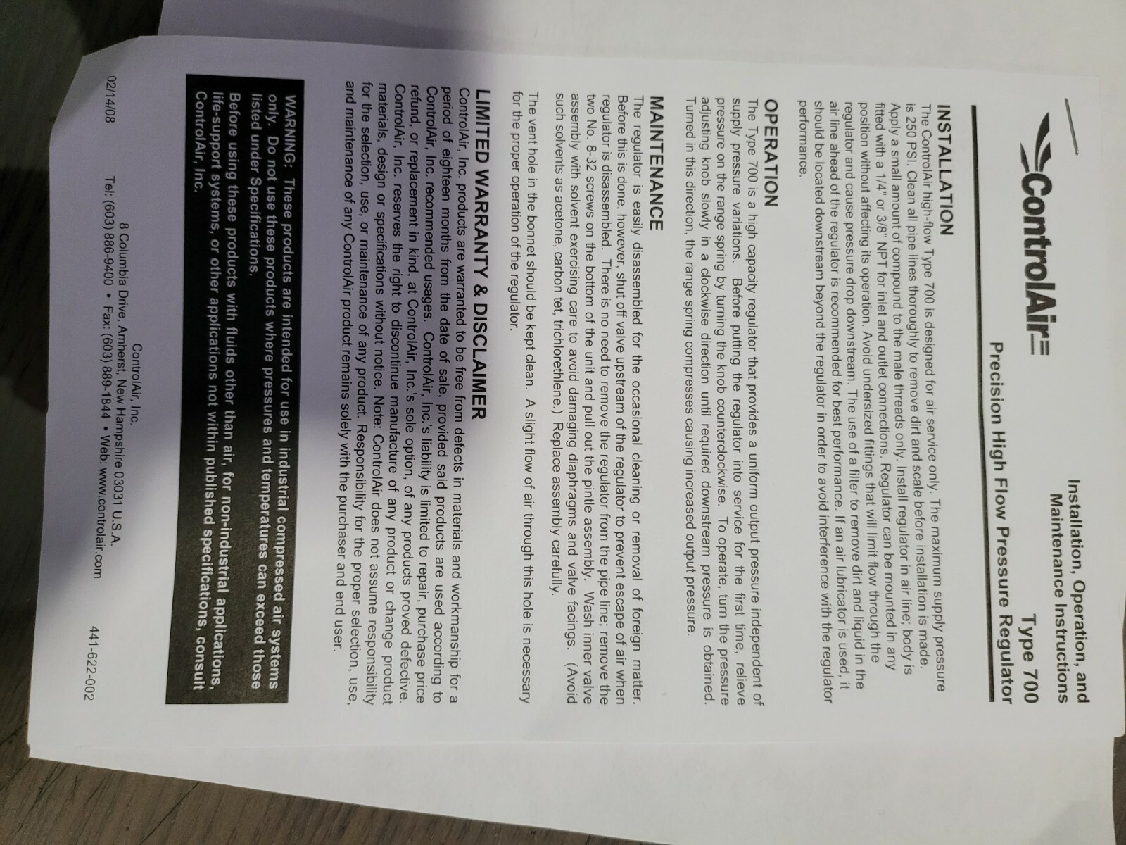 Control Air Inc.pressure Regulator Type 700 0-to 2 Psig