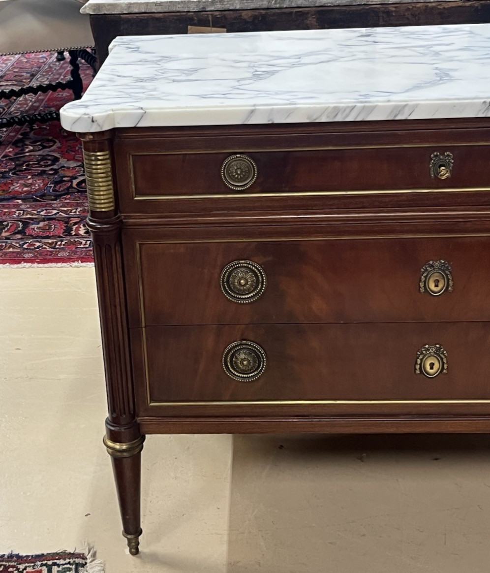 ANTIQUE FRENCH LOUIS XVI MARBLE-TOP MAHOGANY CHEST OF DRAWERS COMMODE