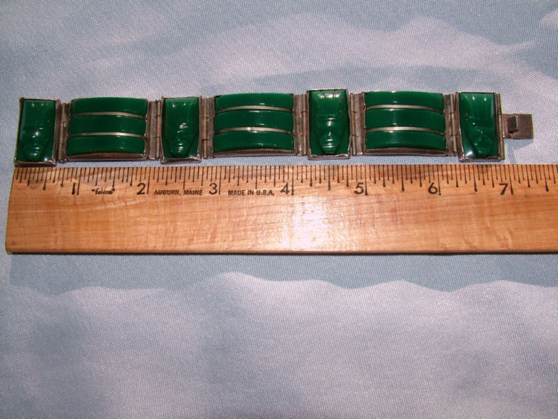 VINTAGE MALACHITE MAYAN MASK SILVER CUFF BRACELET