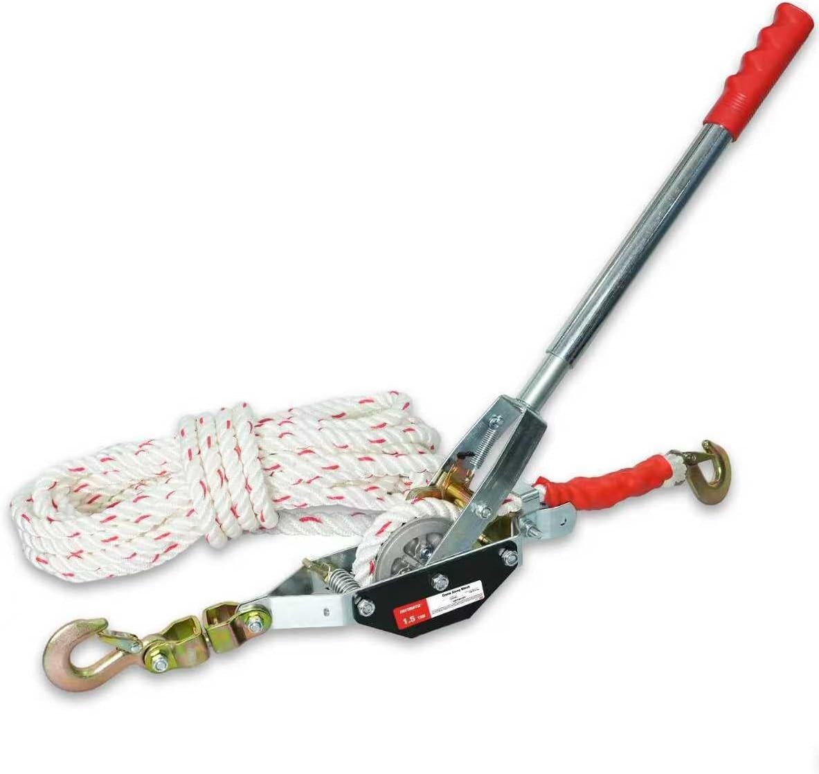Rope Puller 1-1/2 Ton 3300 lbs Capacity with 20' of 0.6" Diameter Rope 2 Hook Co