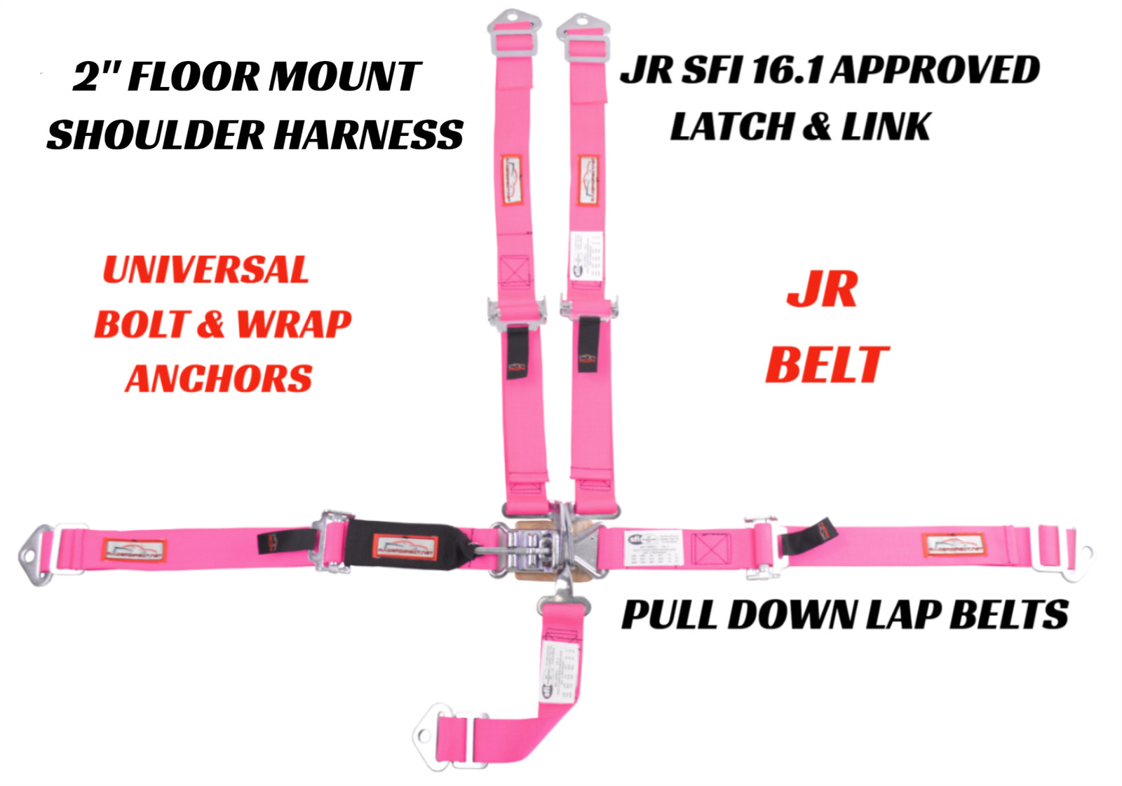 UNIVERSAL JR DRAG 5 POINT 2" RACING HARNESS LATCH FLOOR MOUNT SFI 16.1 HOT PINK