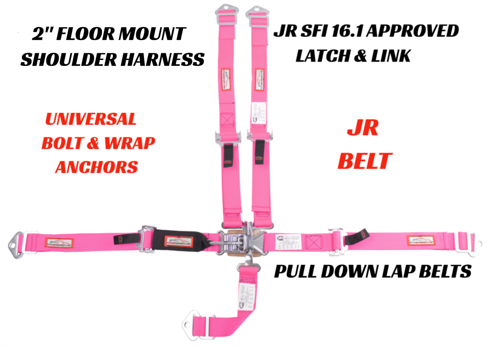 UNIVERSAL JR DRAG 5 POINT 2" RACING HARNESS LATCH FLOOR MOUNT SFI 16.1 HOT PINK