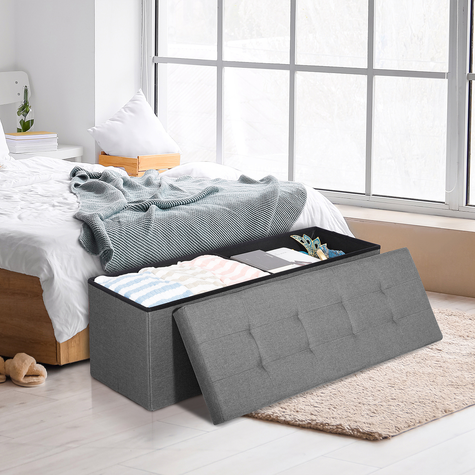 43"Storage Ottoman Bench Folding Chest Footrest Stool MDF Frame w/Lid Light Grey