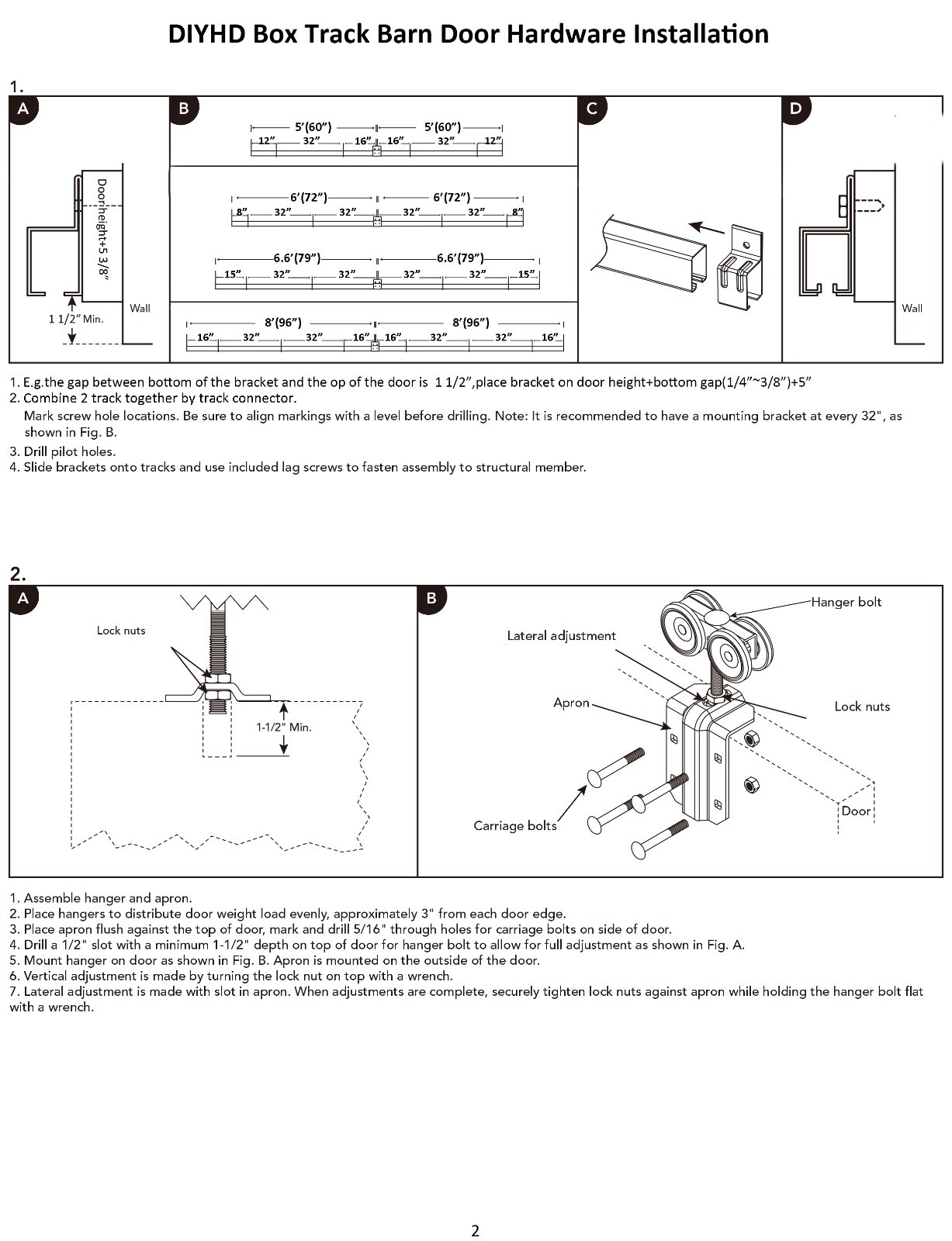 Black Box Track Double Sliding Barn Door Hardware,Heavy Duty Wall Mount kit