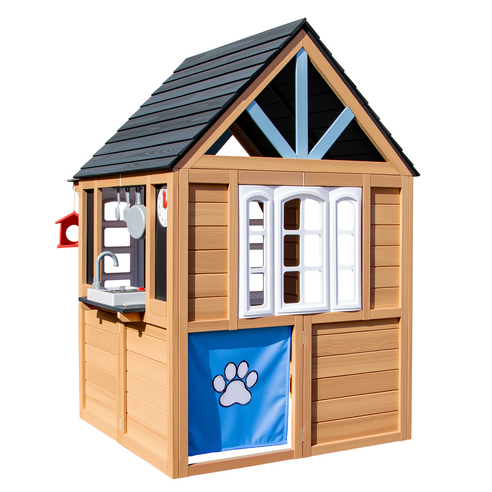 Kids Wooden Playhouse Cottage w/Bench,Play Kitchen,Chalkboard,Flowerpot,Birdcage