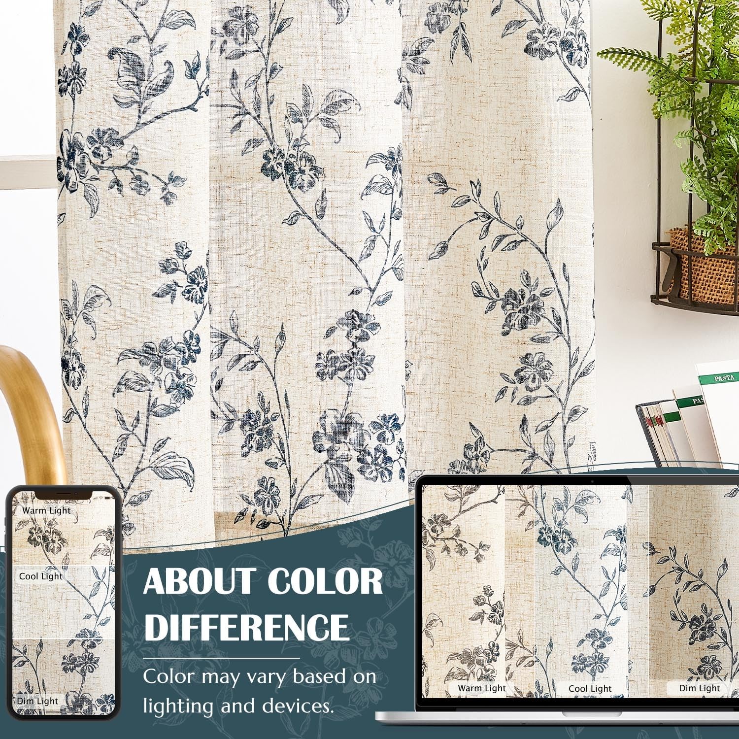 jinchan Floral Kitchen Curtains 26"W x 36"L (Pack of 2), Alisa Black on Linen