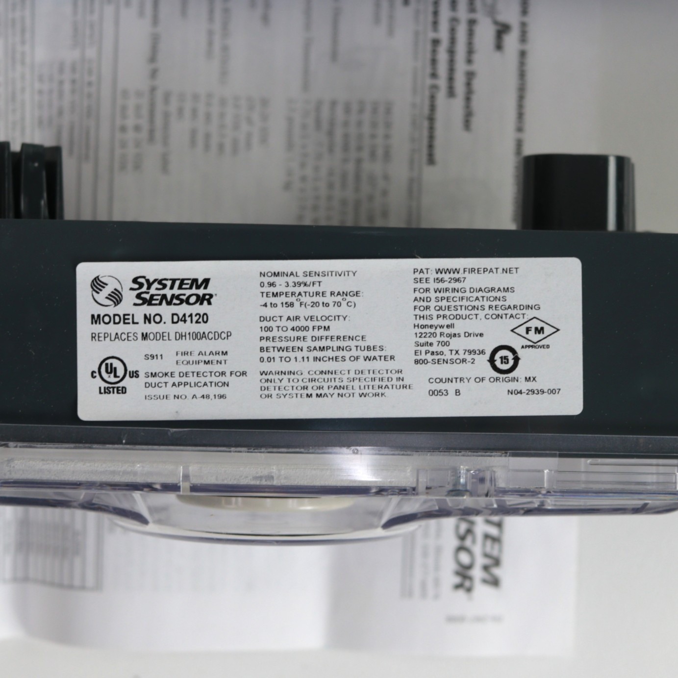 System Sensor D4120 4-Wire Photoelectric Duct Smoke Detector