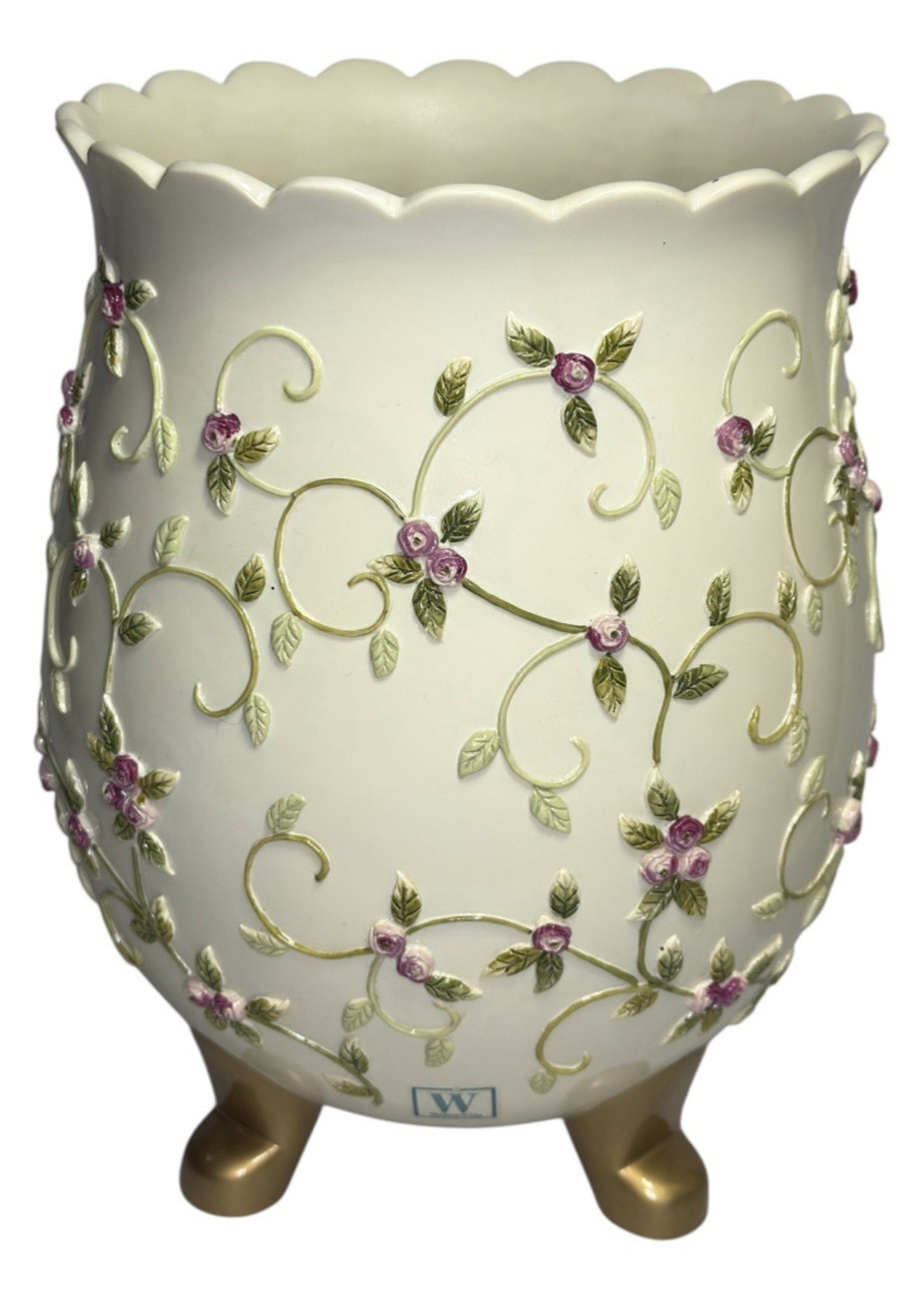 Wamsutta Rosebuds Wastebasket Resin Trash Can Shabby Chic Rose Floral Romantic
