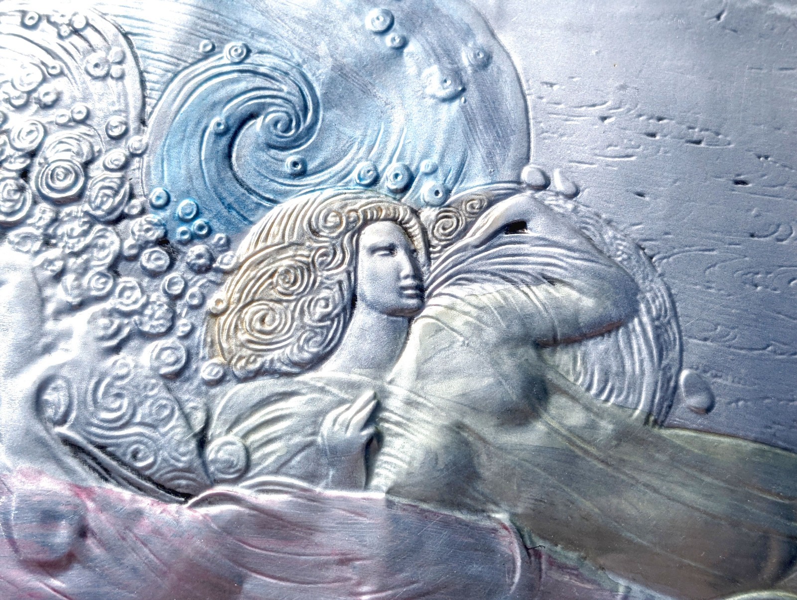 Large Vtg Art Nouveau Sterling Silver Argento Italy Colored Framed Art Plaque