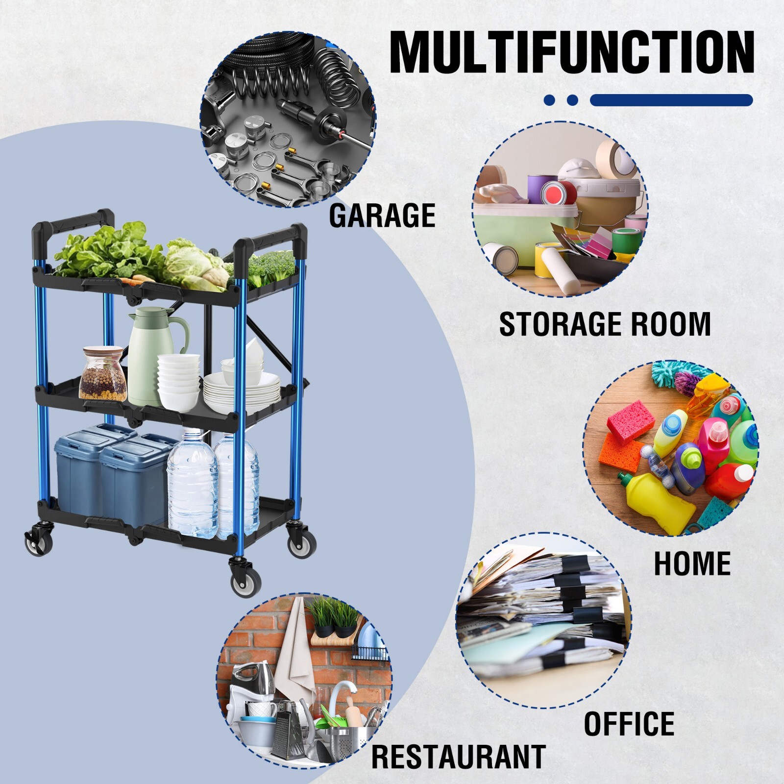 3-Tier Collapsible Service Cart 210 LBS Foldable w/Wheels (No Assembly Required)