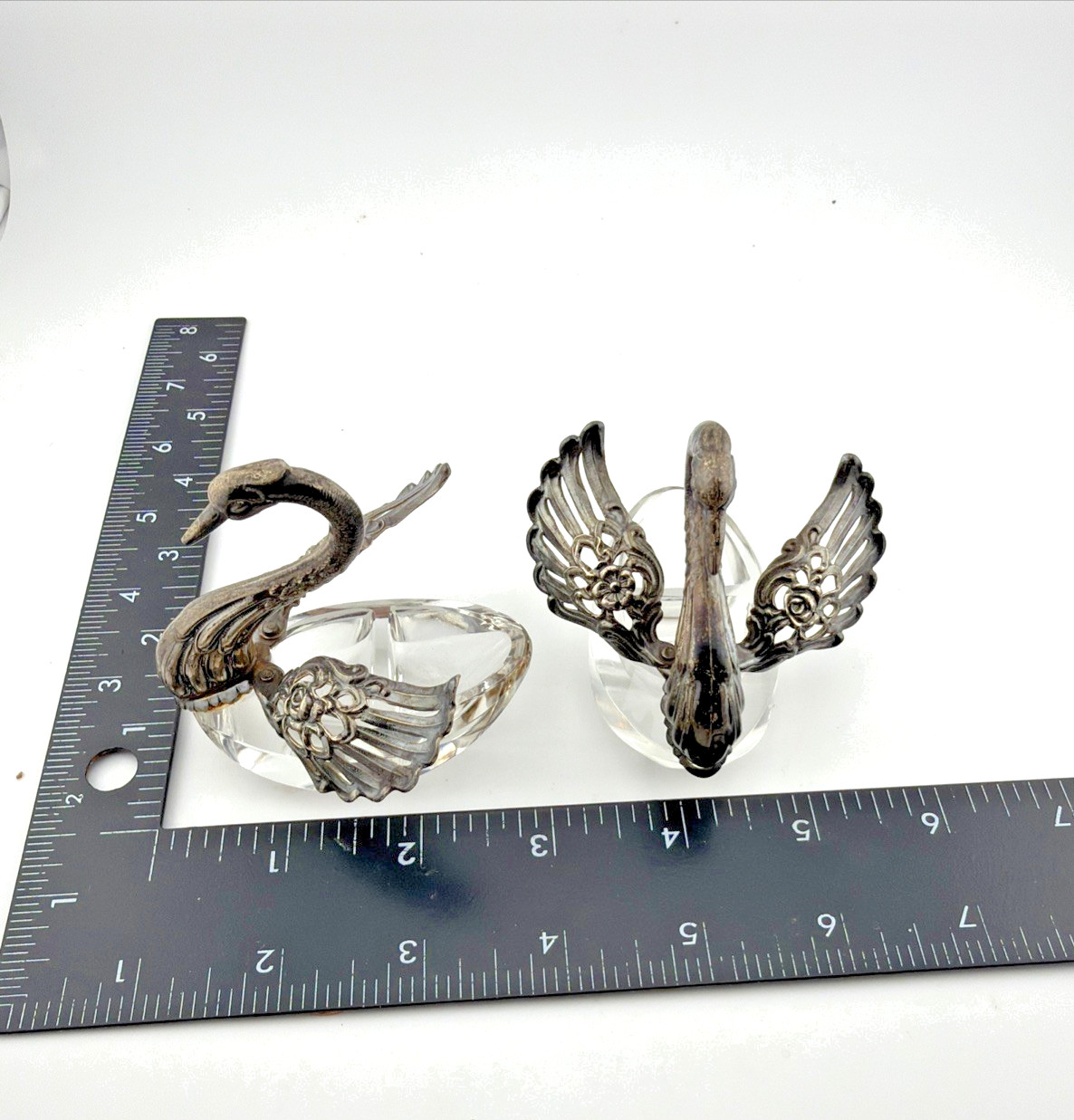 Pair Vintage Sterling Silver and Glass Table Salt Swans R Sterling West Germany