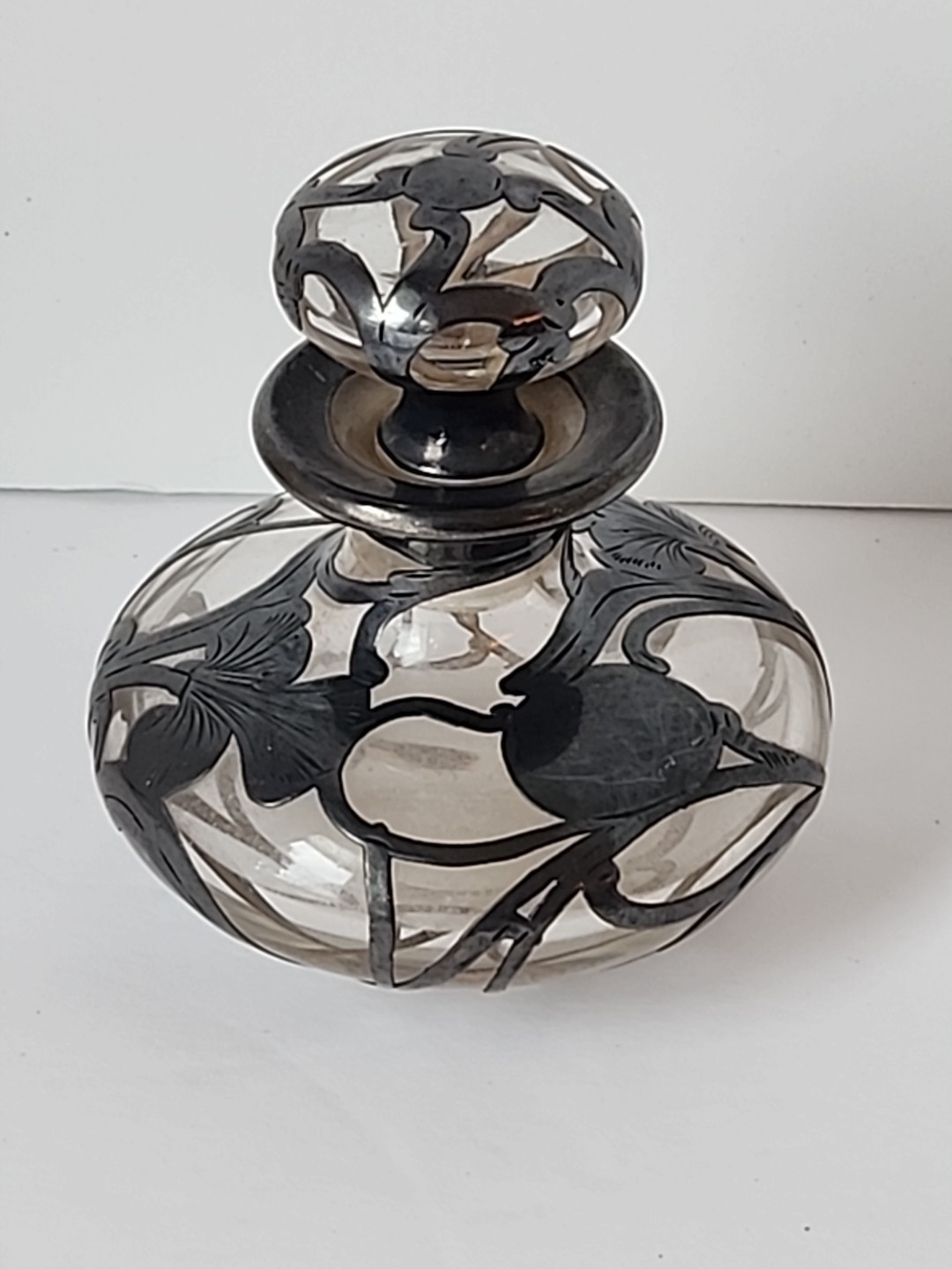 Antique Sterling Silver Overlay Art Nouveau Perfume Bottle Iris Flower READ