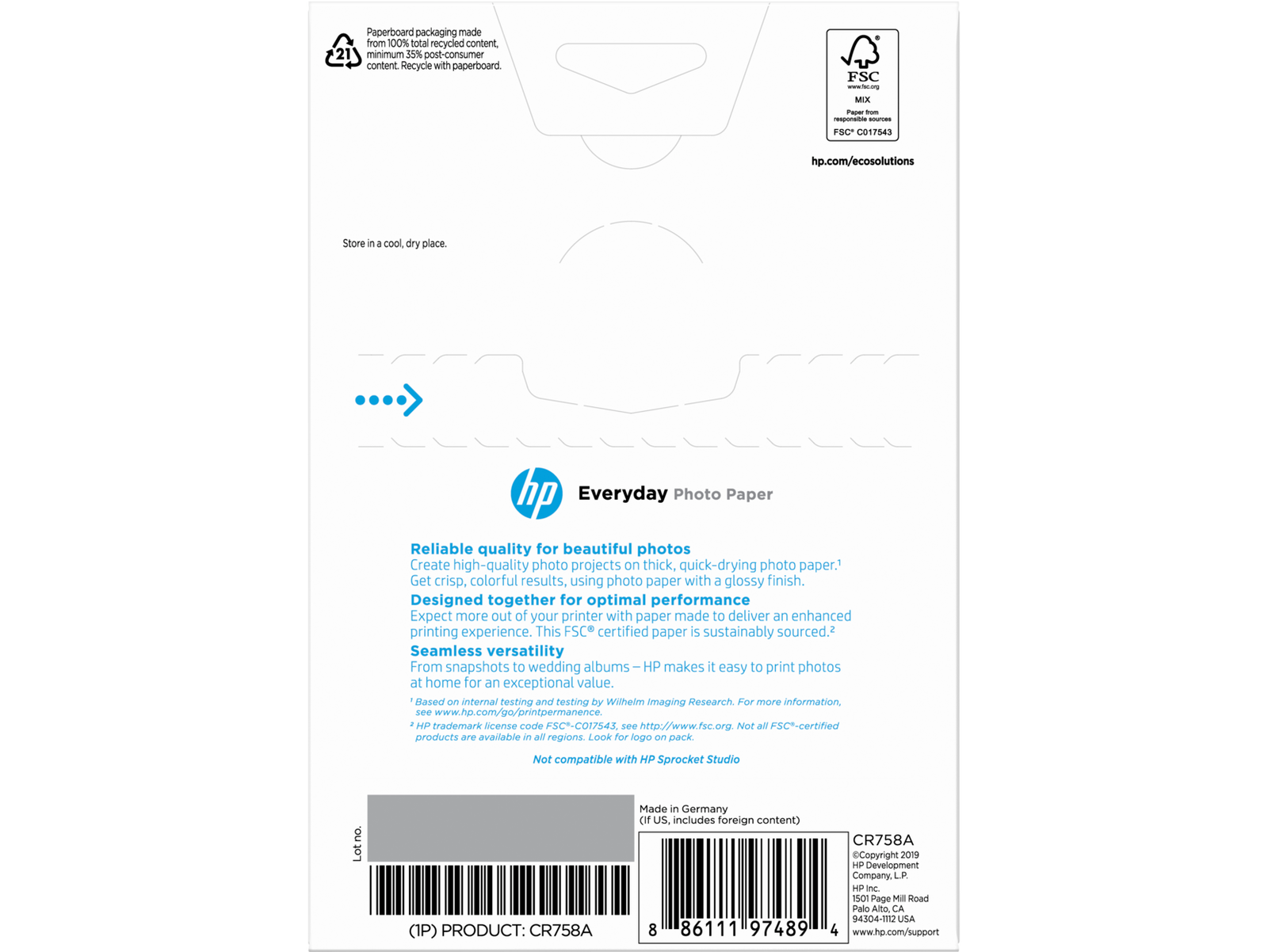 HP Everyday Photo Paper, Glossy, 52 lb, 4 x 6 in. (101 x 152 mm), 50 sheets