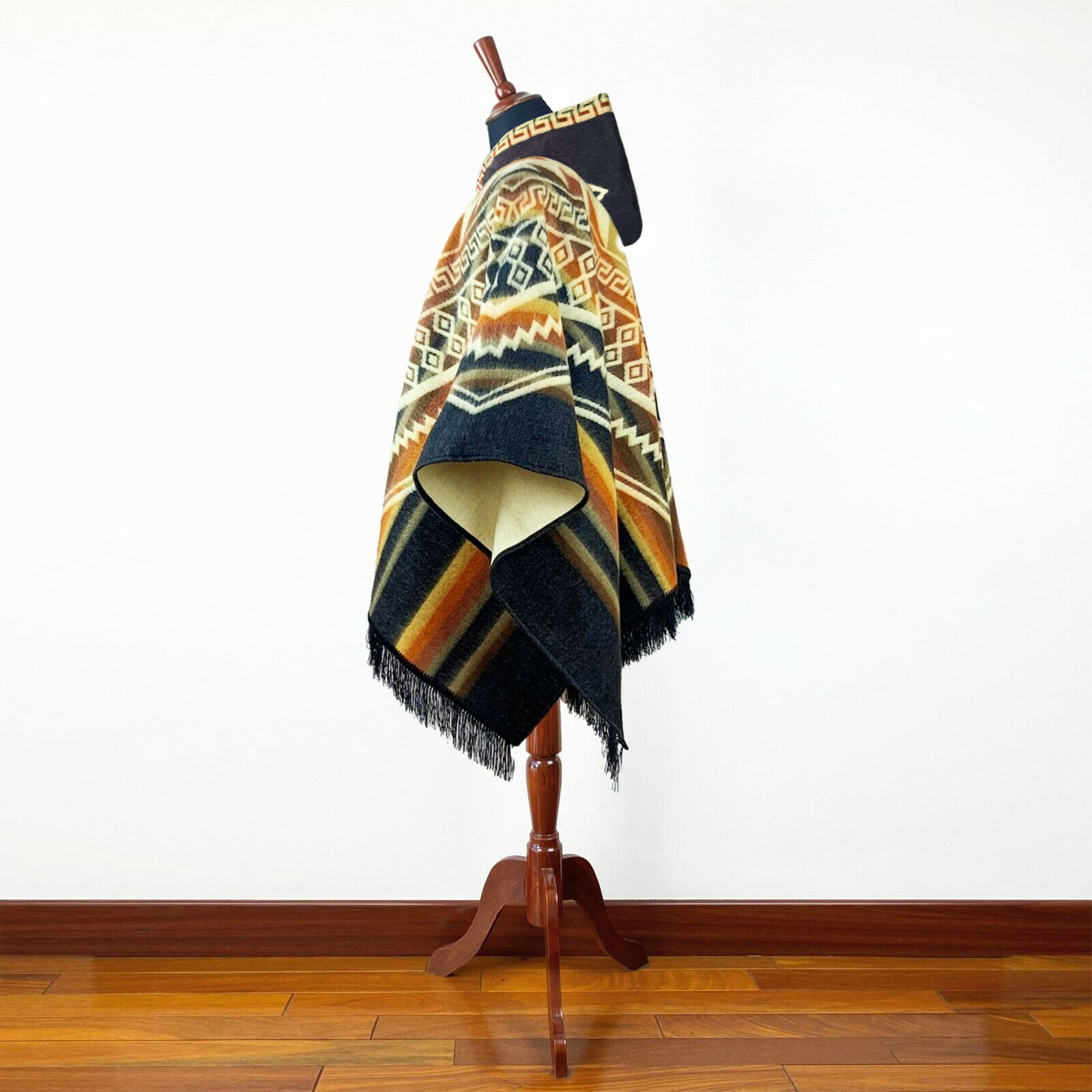 Alpaca wool Hooded Poncho Unisex Aztec pattern all seasons boho hippie XXL BLACK