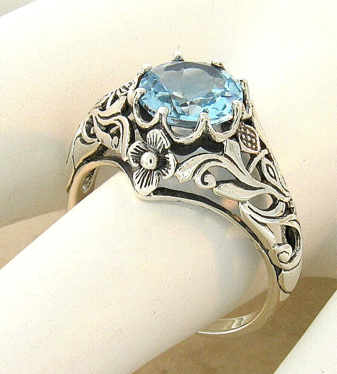 "SCOTTISH THISTLE" GENUINE BLUE TOPAZ 925 SILVER NOUVEAU ANTIQUE STYLE RING 217X