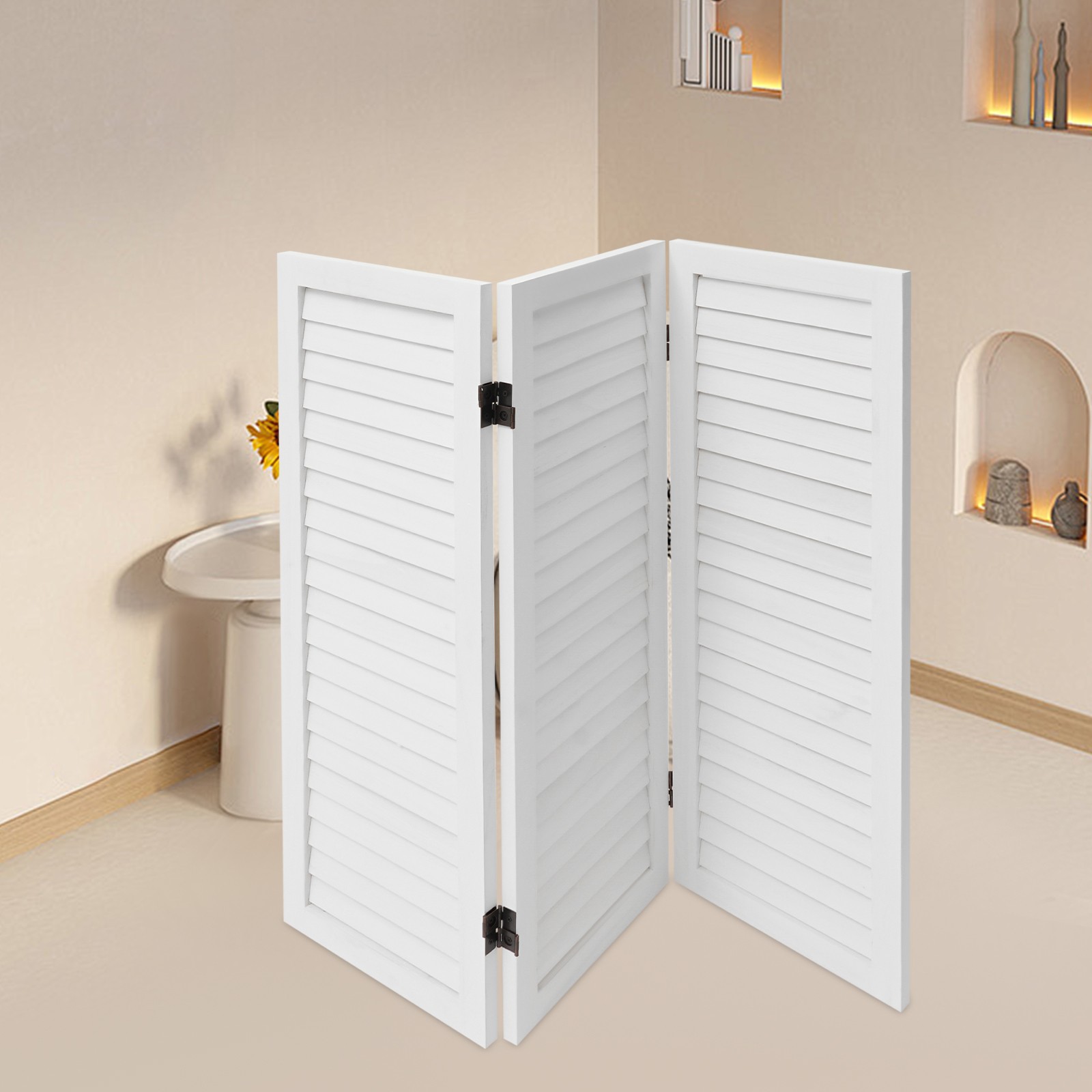 3-Panel Folding Room Divider Indoor Wooden Wall Separation Privacy Screen White