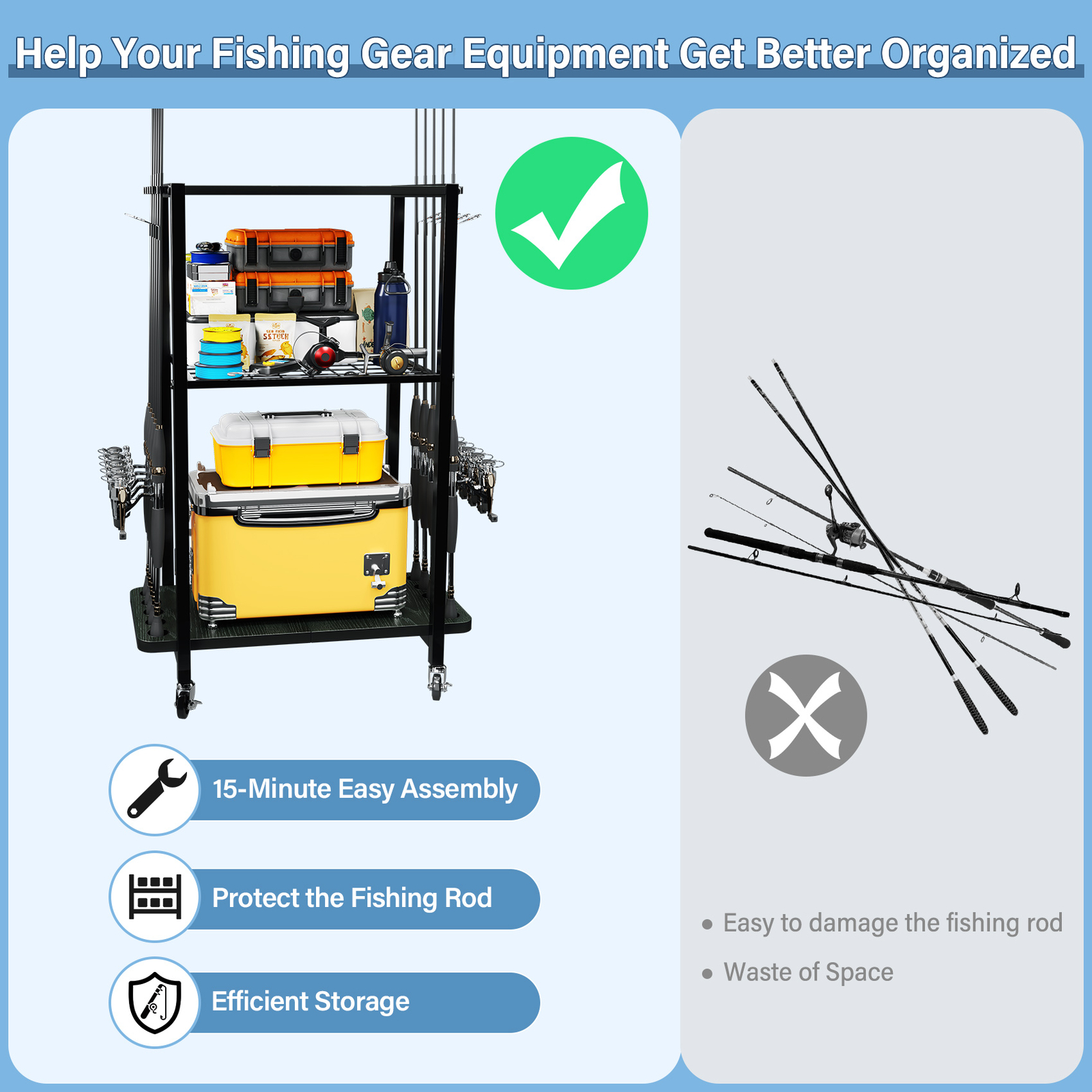 TC-HOMENY 10 Rod Fishing Rod Holder Rack Fishing Gear Equipment Tackle Organizer