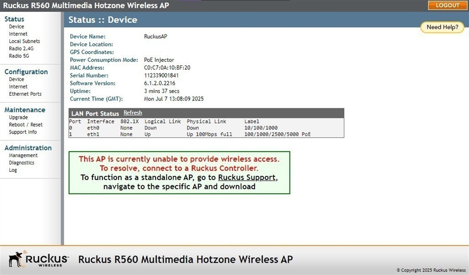 Ruckus R560 901-R560-US00 Indoor Access Point Factory Reset
