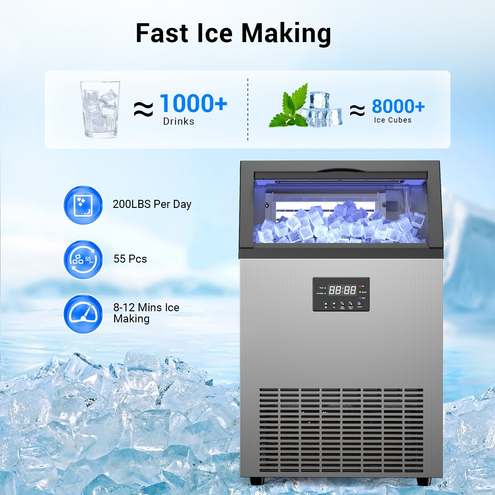 200lbs/24H Commercial Ice Maker Under Counter Freestanding Full ice Cube Machine