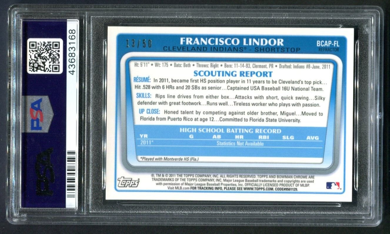 2011 Bowman Chrome Draft Francisco Lindor 1ST Gold REF AUTO 13/50 PSA 9 MINT