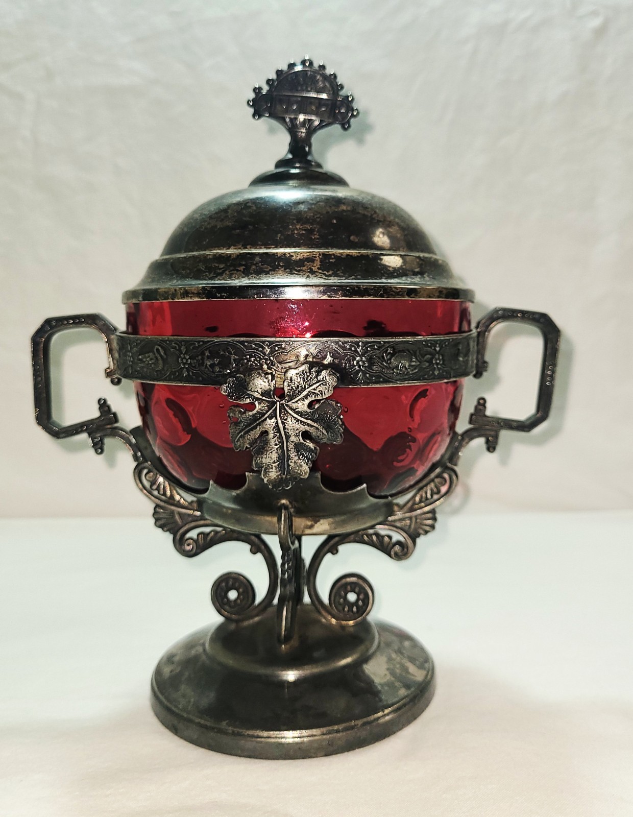 Antique Webster Silverplate Cranberry Thumbprint Glass Candy Dish Lid Victorian