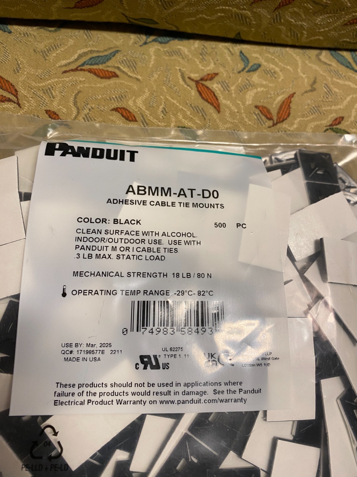 Panduit ABMM-AT-D0 4-Way Adhesive Cable Tie Mount Black PK500 NEW Sealed