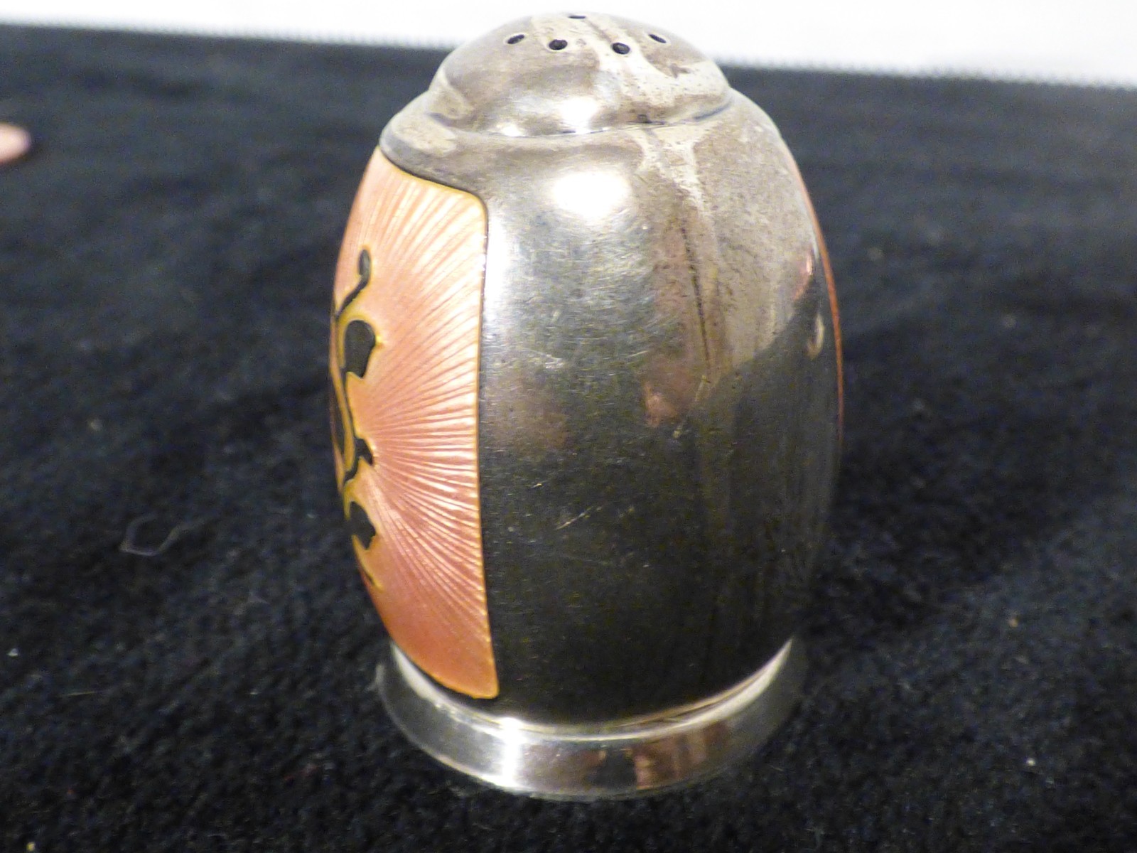 Antique Denmark Salt Cellar & Spoon & Pepper Shaker Sterling V.B. VB Pink Enamel