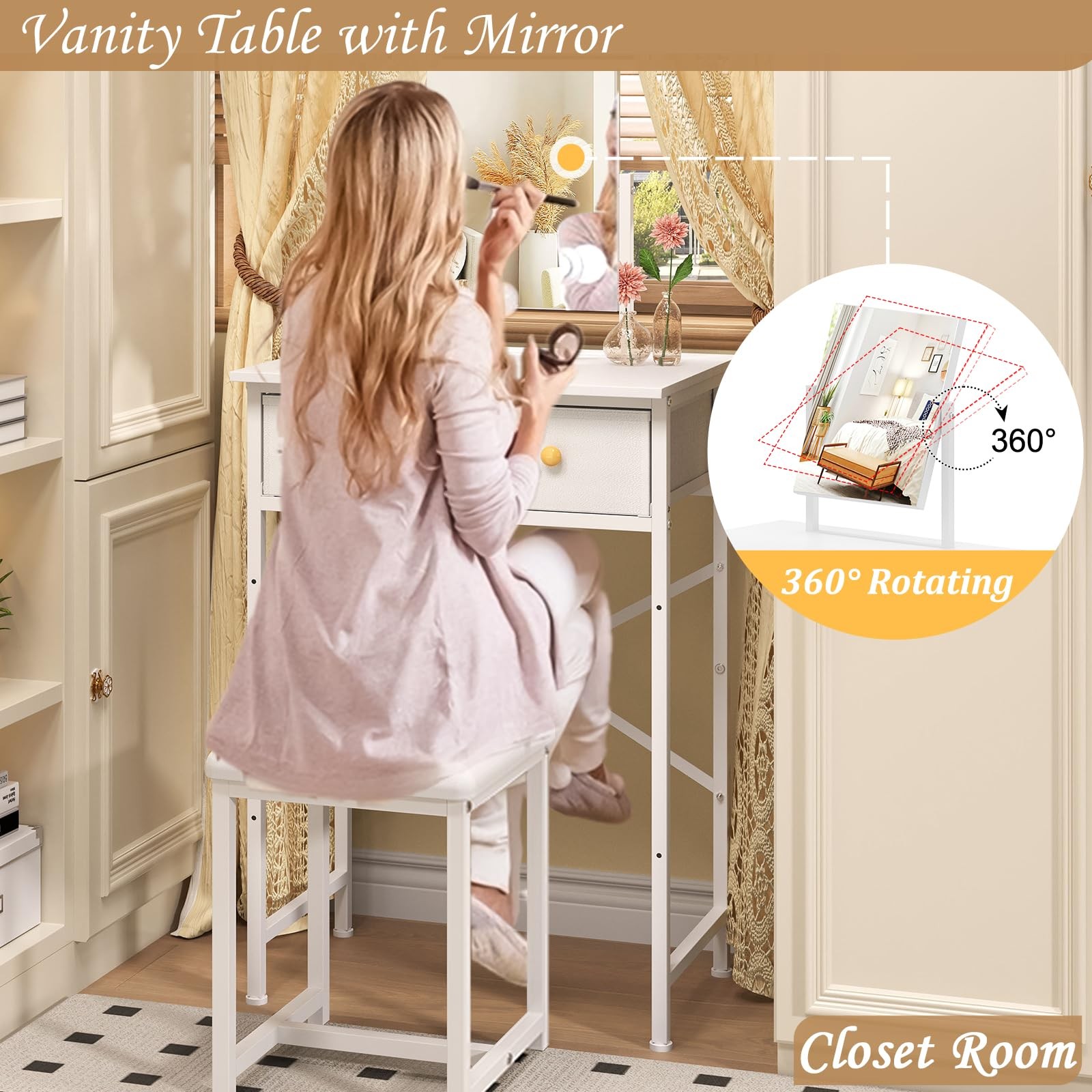 Small Makeup Vanity Desk with Mirror & Chair, Table Set W/ Fabric Storage Drawer