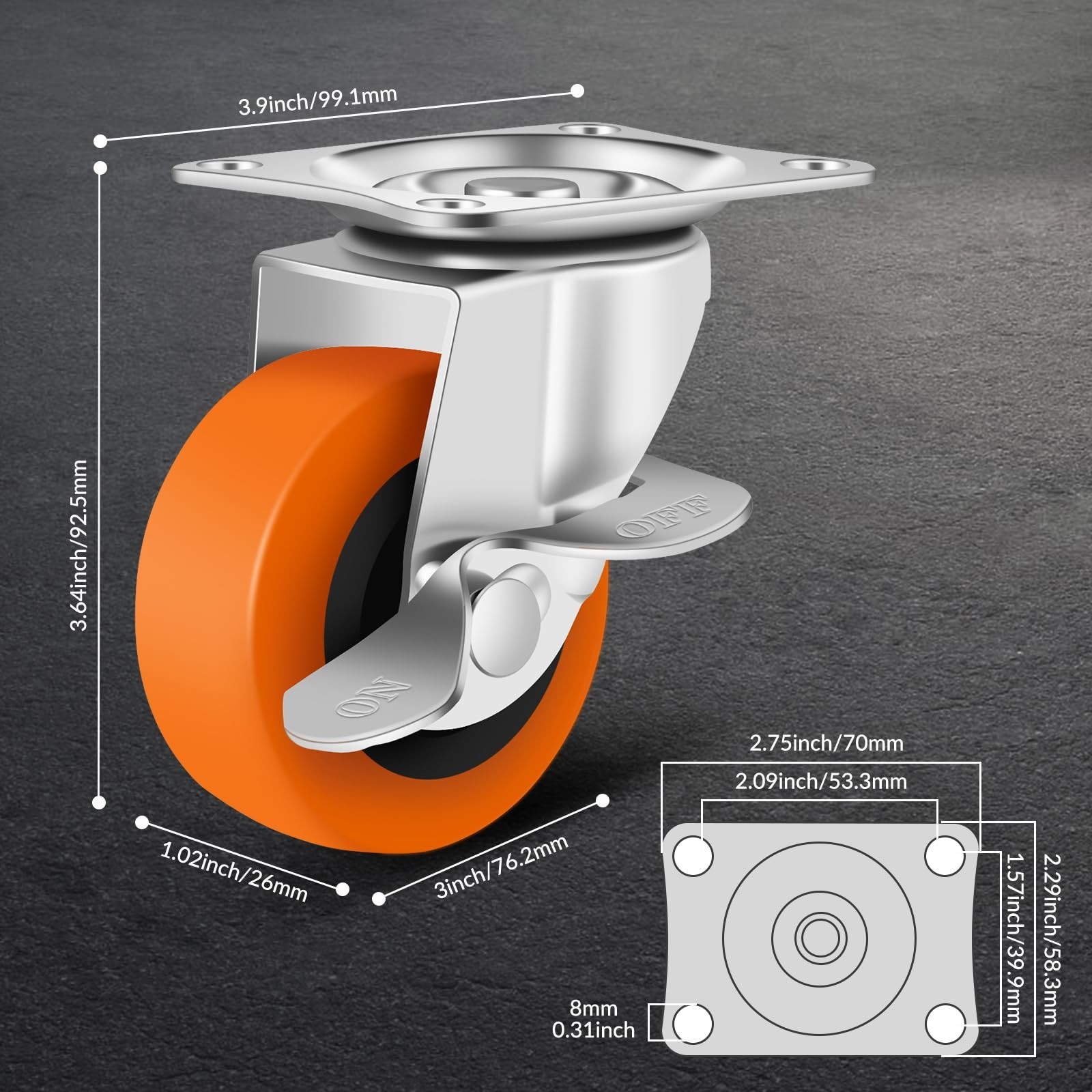 Caster Wheels, 3 Inch Casters Set of 8, Heavy Duty Caster with Brake, Locking...