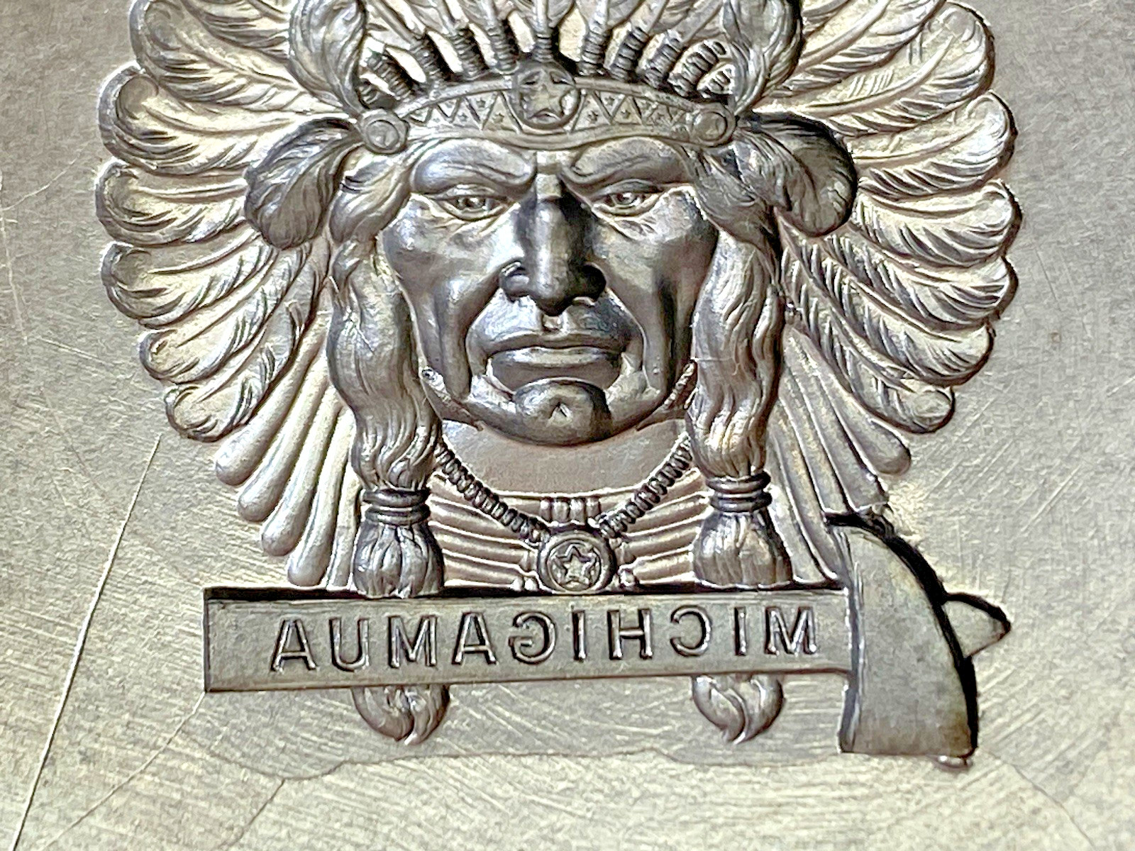 VTG Die Mold Native American Indian Chief Michigamua Tomahawk Watch Fob Medal