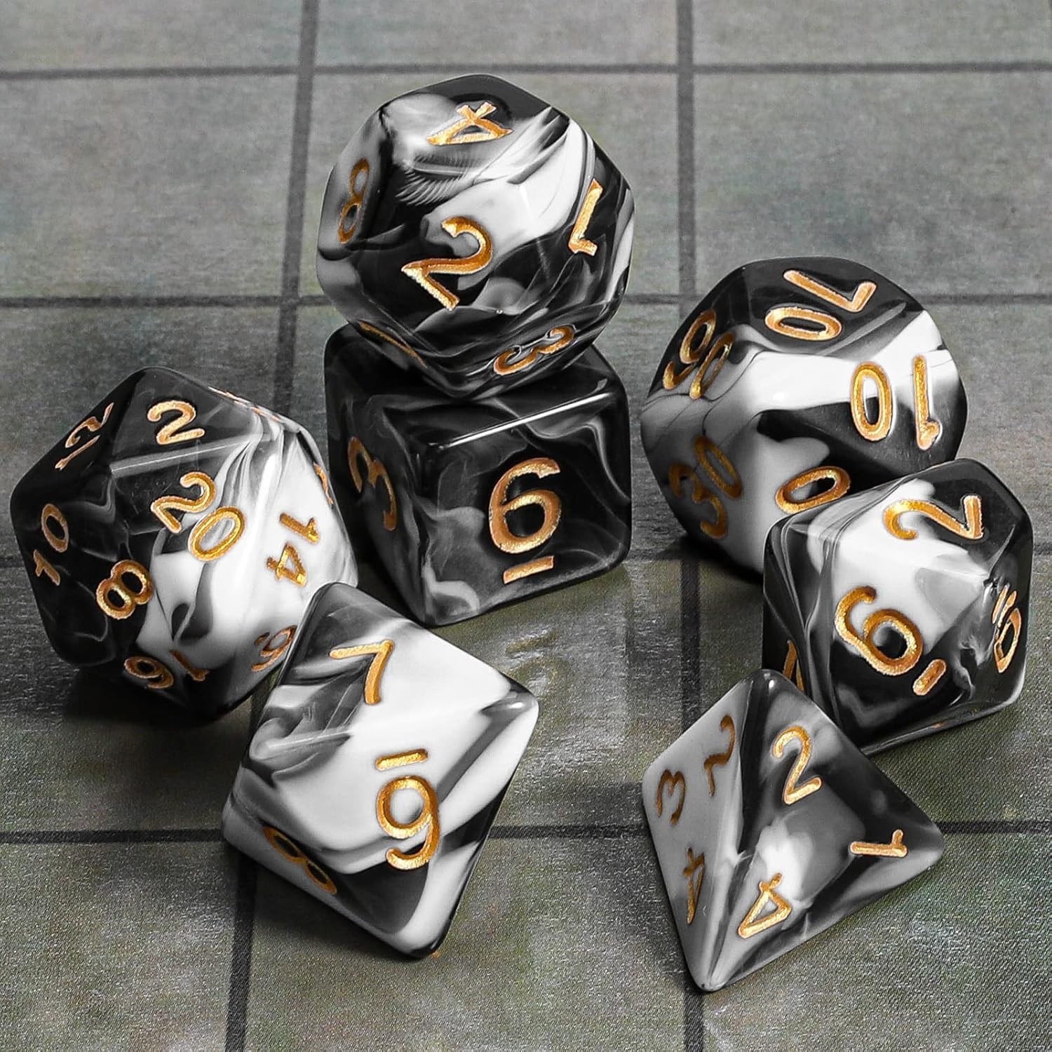 Complete 7-Piece Polyhedral Dice Set for D&D, RPGs - Stylish Velvet Bag Included