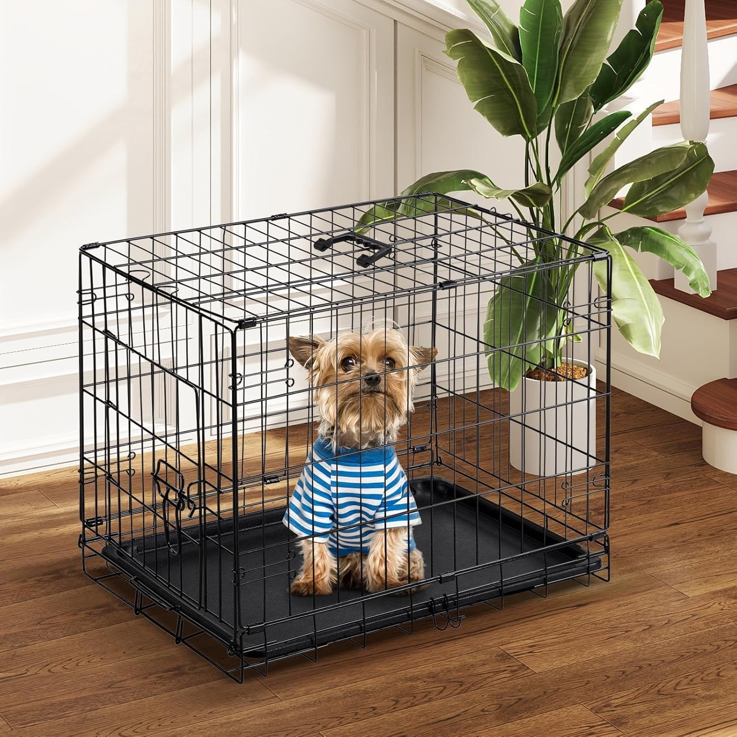 24 Inch Dog Crate Small Folding Metal Wire Cage w/ Leak Proof Tray