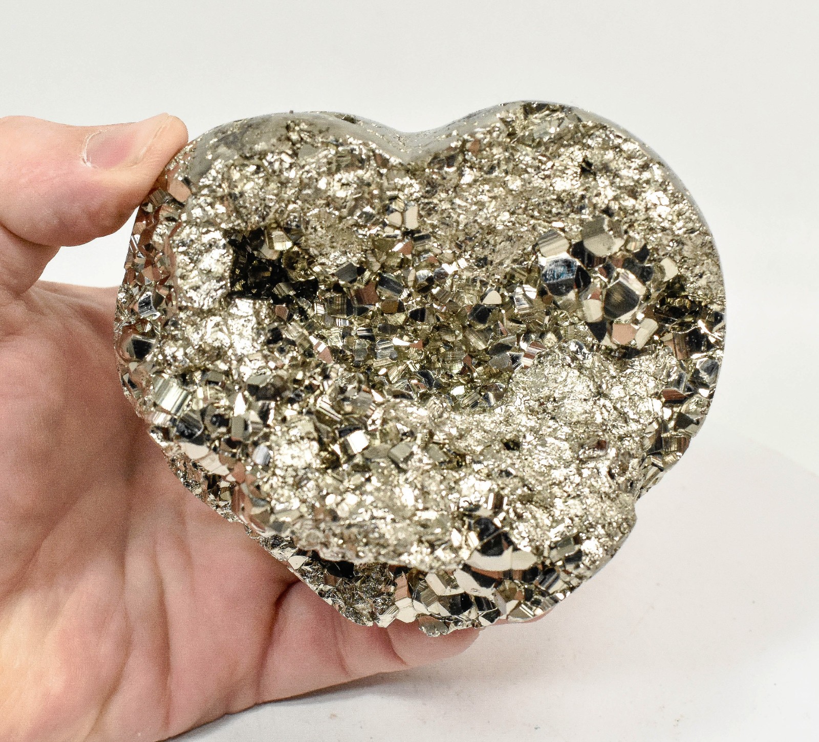 4.01" Polished PYRITE CRYSTAL HEART Carving Huanzala mine, Peru T709