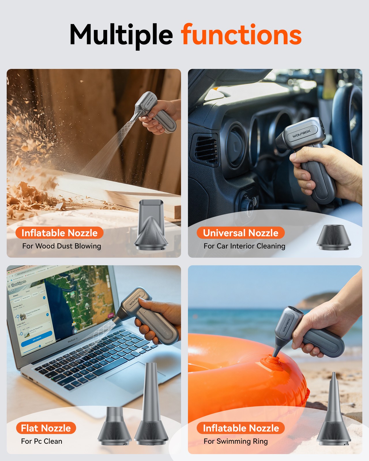 WOLFBOX DF60 110000RPM Cordless Air Duster 3-Speed with 5 Nozzles, Fast Charging