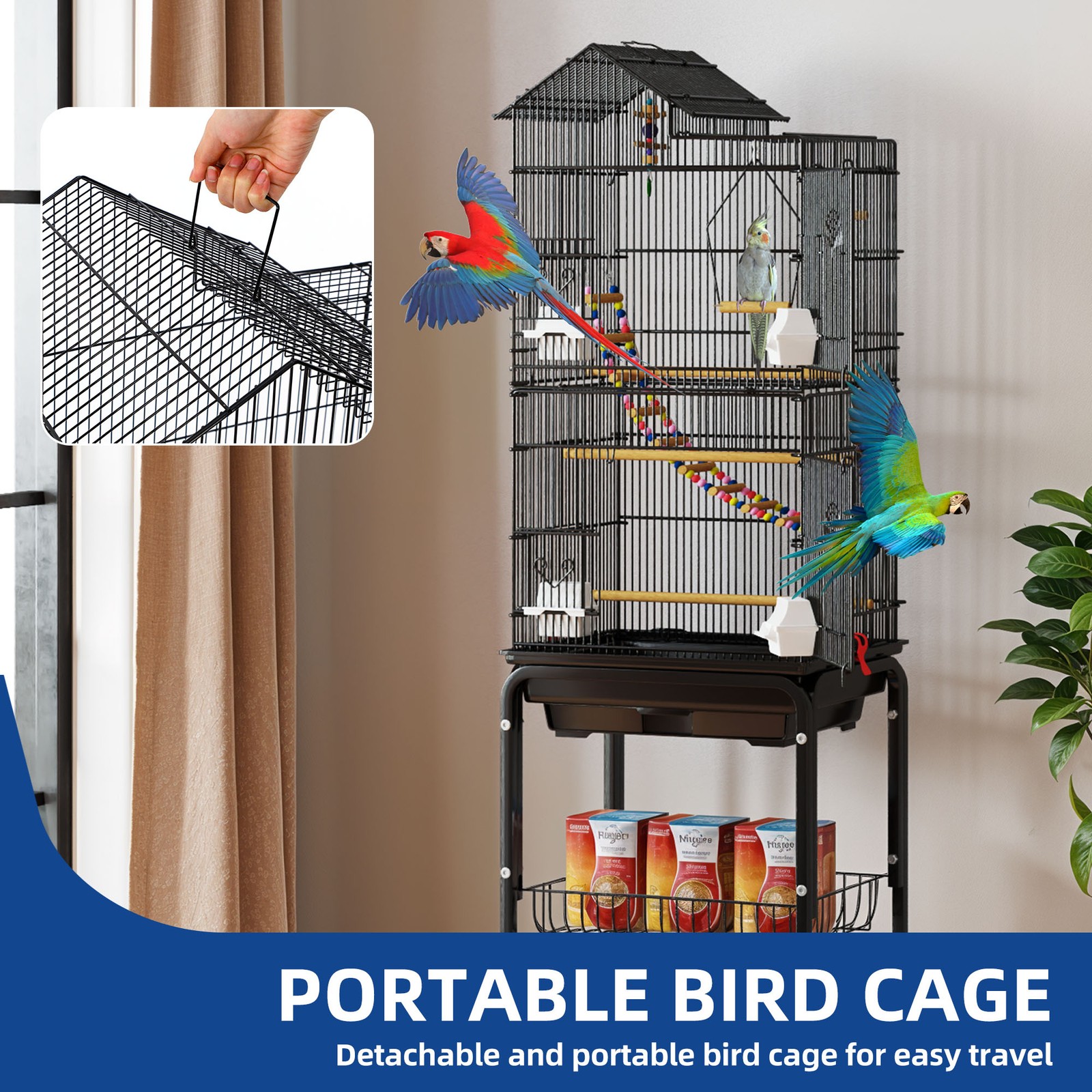 62 Inch Large Spacious Bird Cage​ ​Metal Flight Cage​ with ​Rolling Stand Black