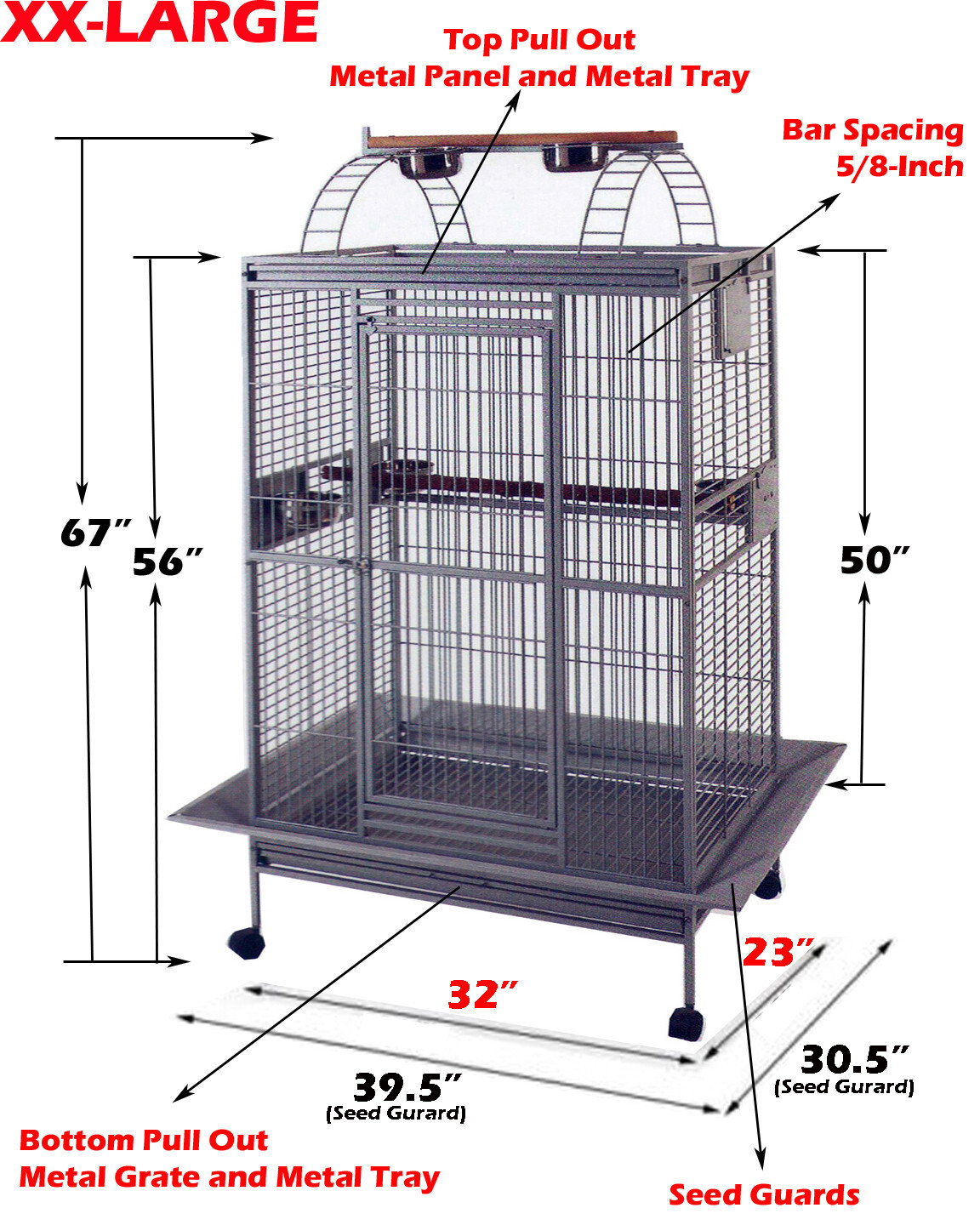 XX-LARGE Parrot Bird Cage For Macaw Cockatoo African Grey Amazon 32"x23"x66"H