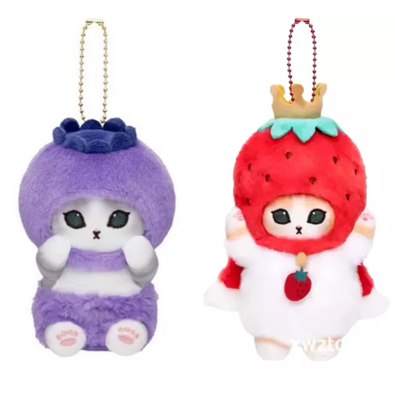 (Set of 2) Strawberry Berry Mofusand Cat Plush Keychain Key Charm Fob Holder Toy