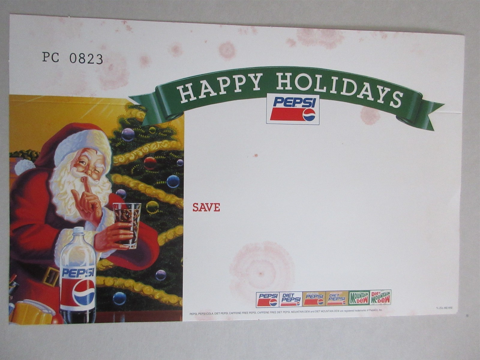Pepsi-Cola Pepsi Display Sign Shelf Tag 1992 Happy Holidays Santa Claus