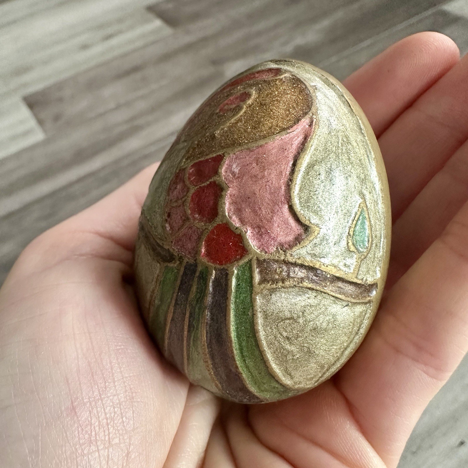 Vtg 2.5” Egg Painted Enameled Brass Bird On Branch Enamel Paperweight Trinket