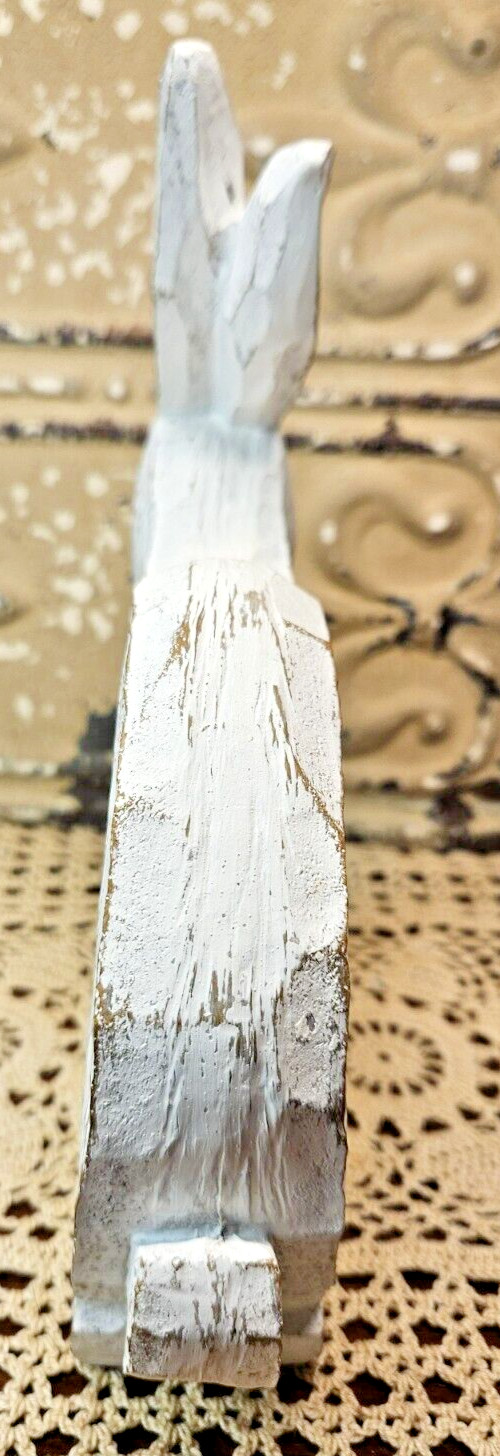 NWT Primitive White Distressed Bunny Rabbit Easter Spring Decor Carved Wood Look