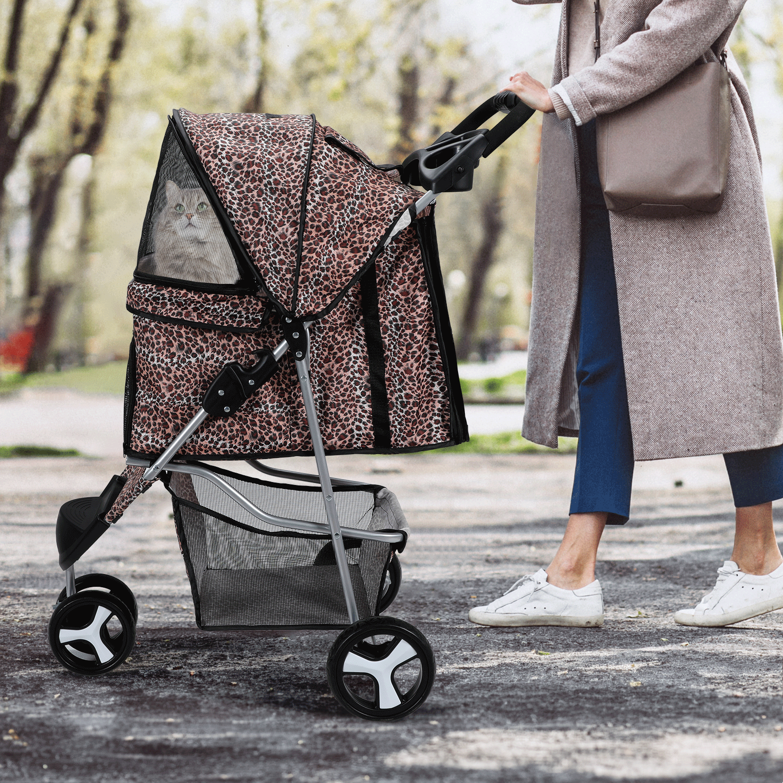 Portable Pet Dog Stroller Foldable 3 Wheels Puppy Travel Carrier Cart+Cup Holder