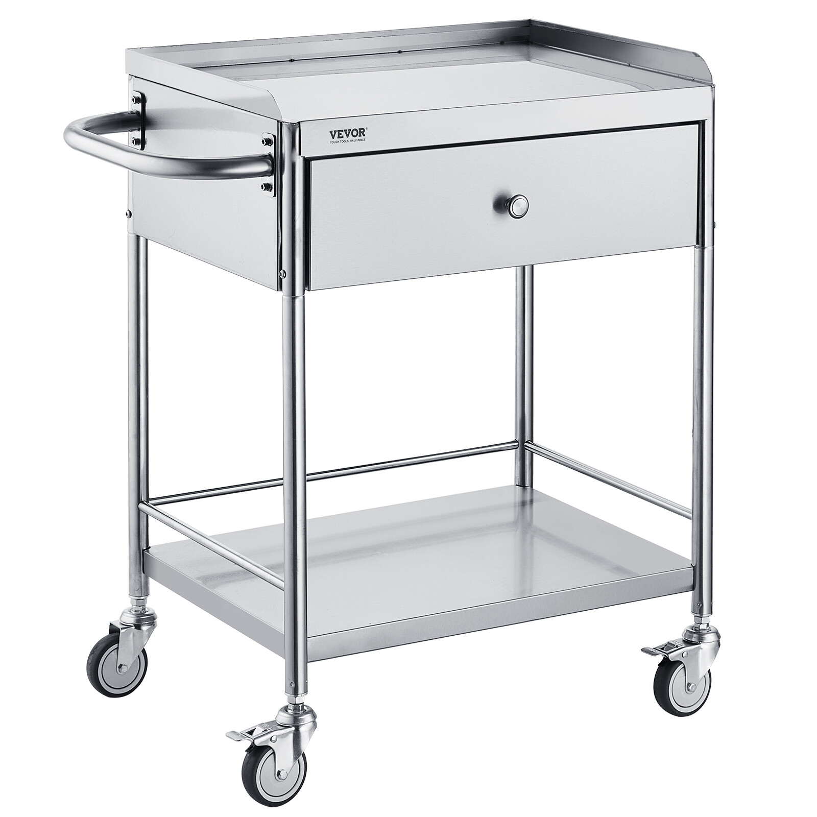 VEVOR 2-Tier Medical Trolley Steel Cart Mobile Lab Utility Cart with A Drawer