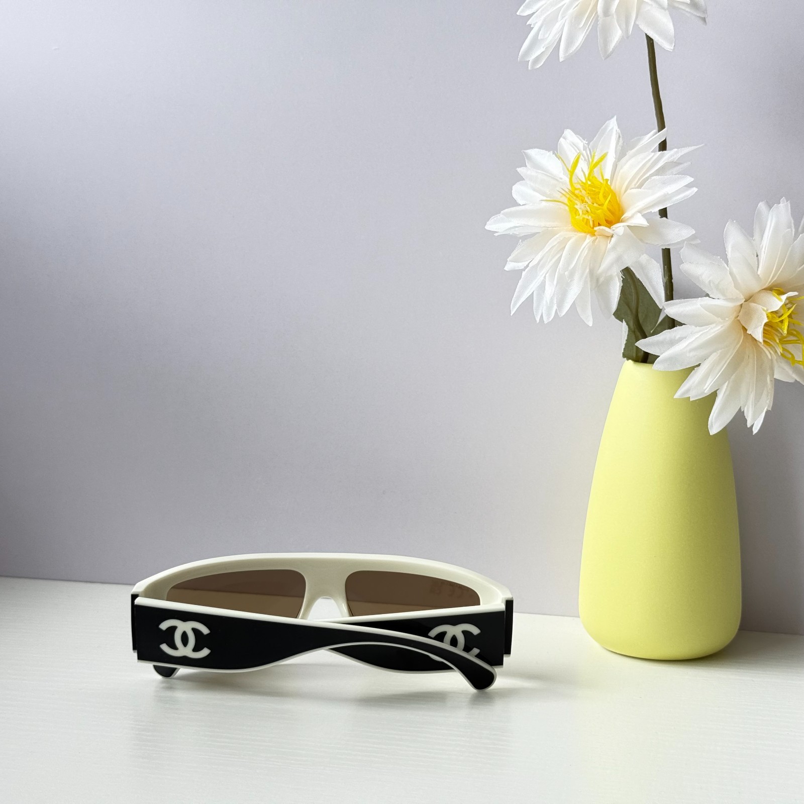 Chanel CH6057 Sunglasses Black/Beige Shield Wrap Brown Lens