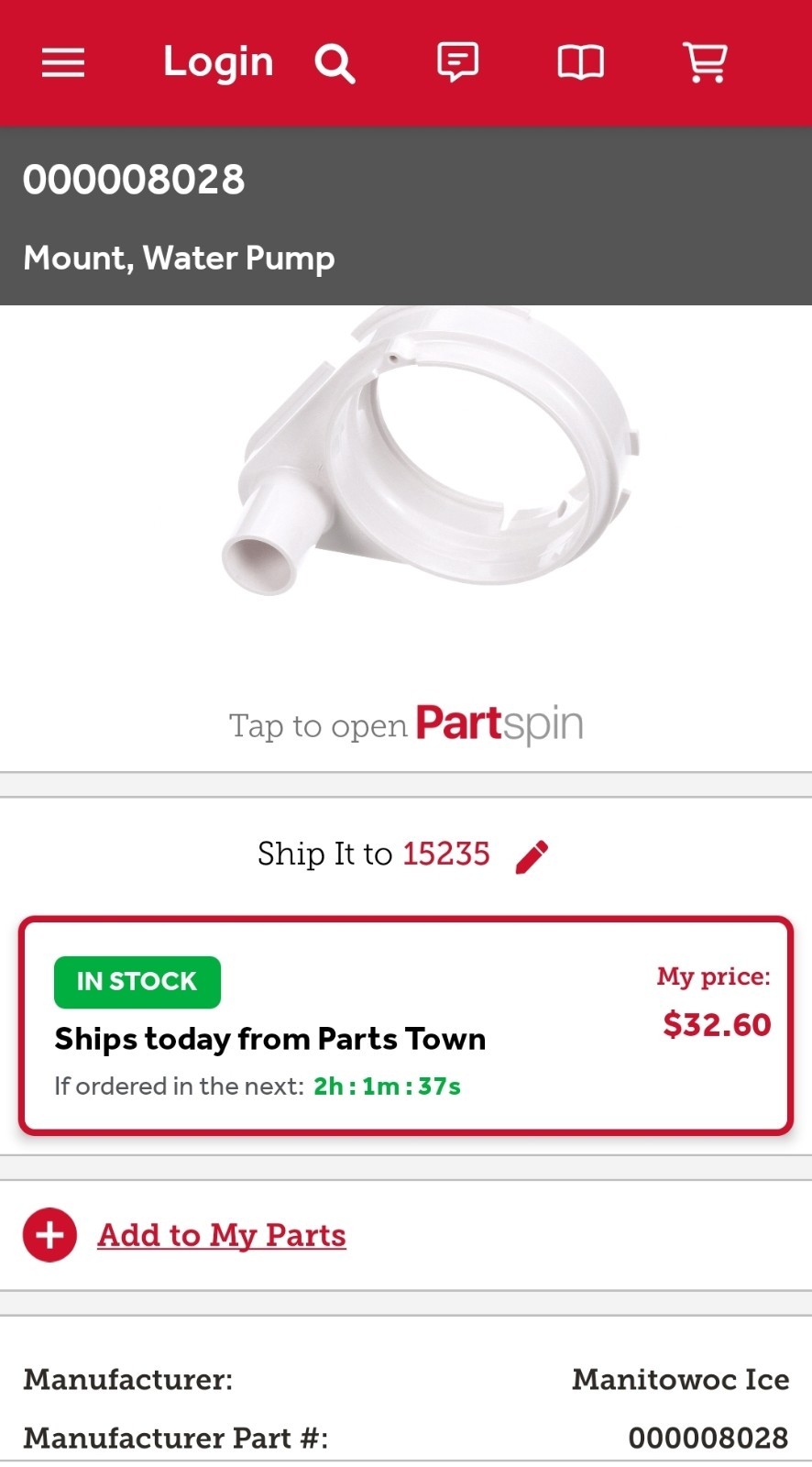 Manitowoc Ice Machine Water Pump Mount OEM Part #00008028