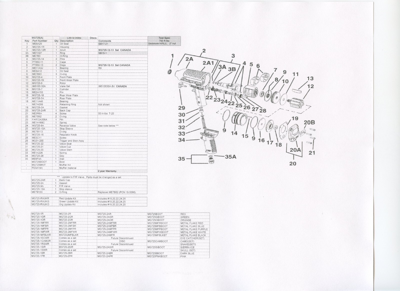 SNAP ON MG725 1/2" DRIVE STD LENGTH ANVIL KIT REPLACEMENT ANVIL & FITS XT-7100