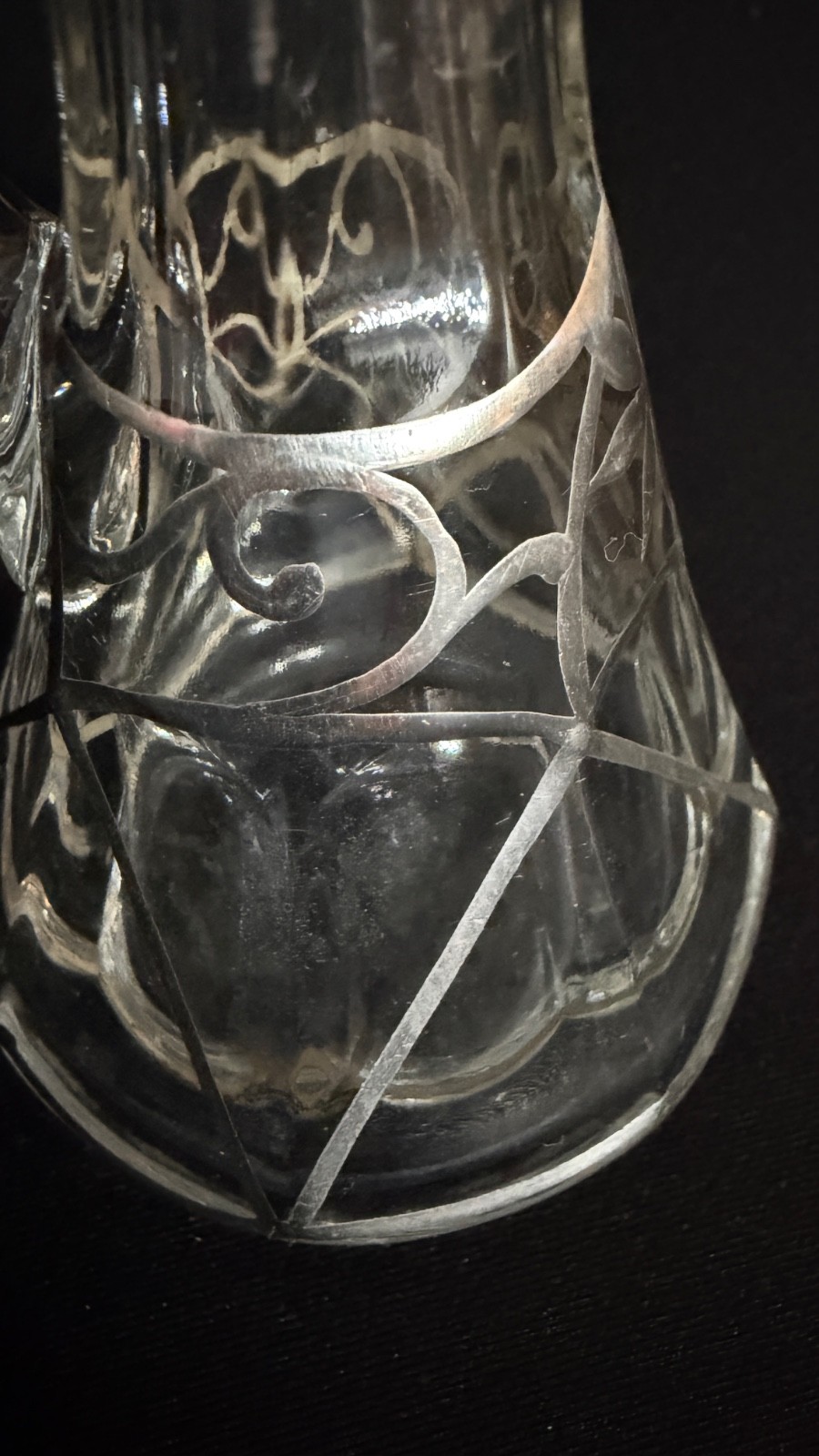 Antique Art Nouveau Sterling Overlay Glass Cruet Bottle w Stopper 6.5"