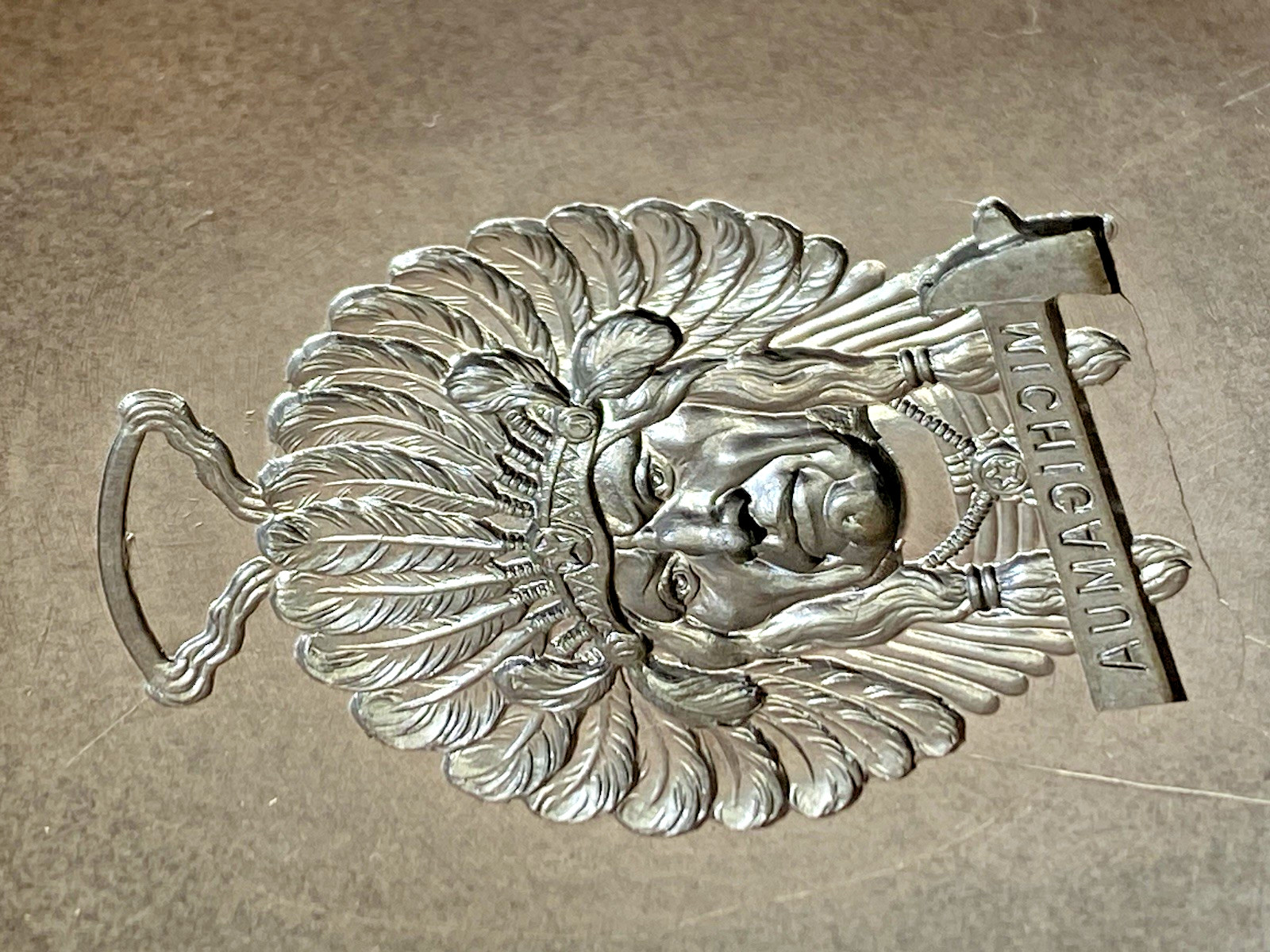 VTG Die Mold Native American Indian Chief Michigamua Tomahawk Watch Fob Medal