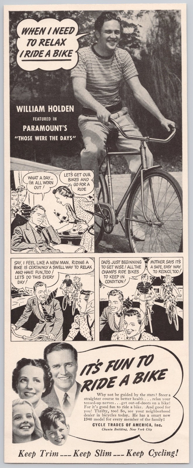 1940 Cycle Trades William Holden Print Ad Movie Star Riding Bicycle Fitness