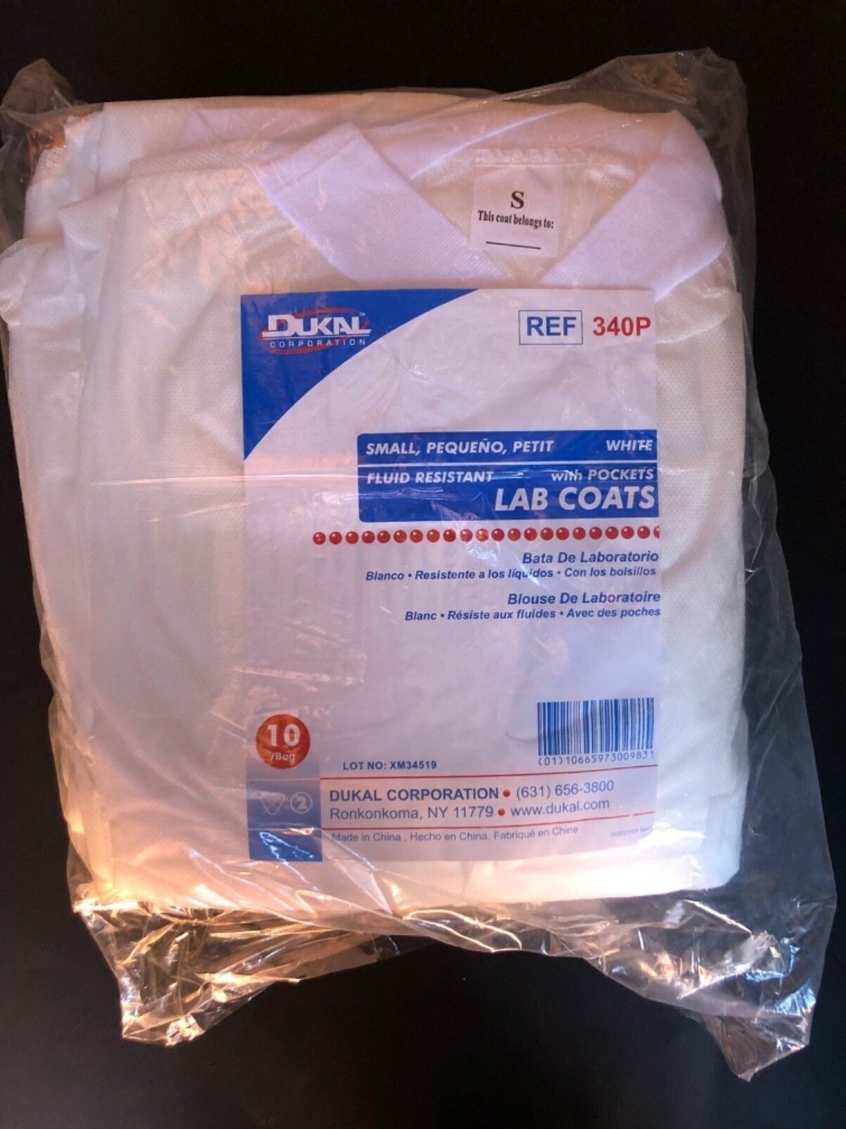 10 Count Bag - Dukal White Lab Coat with 3 Pockets Crew Neck (S, M, L, XL, 2XL)