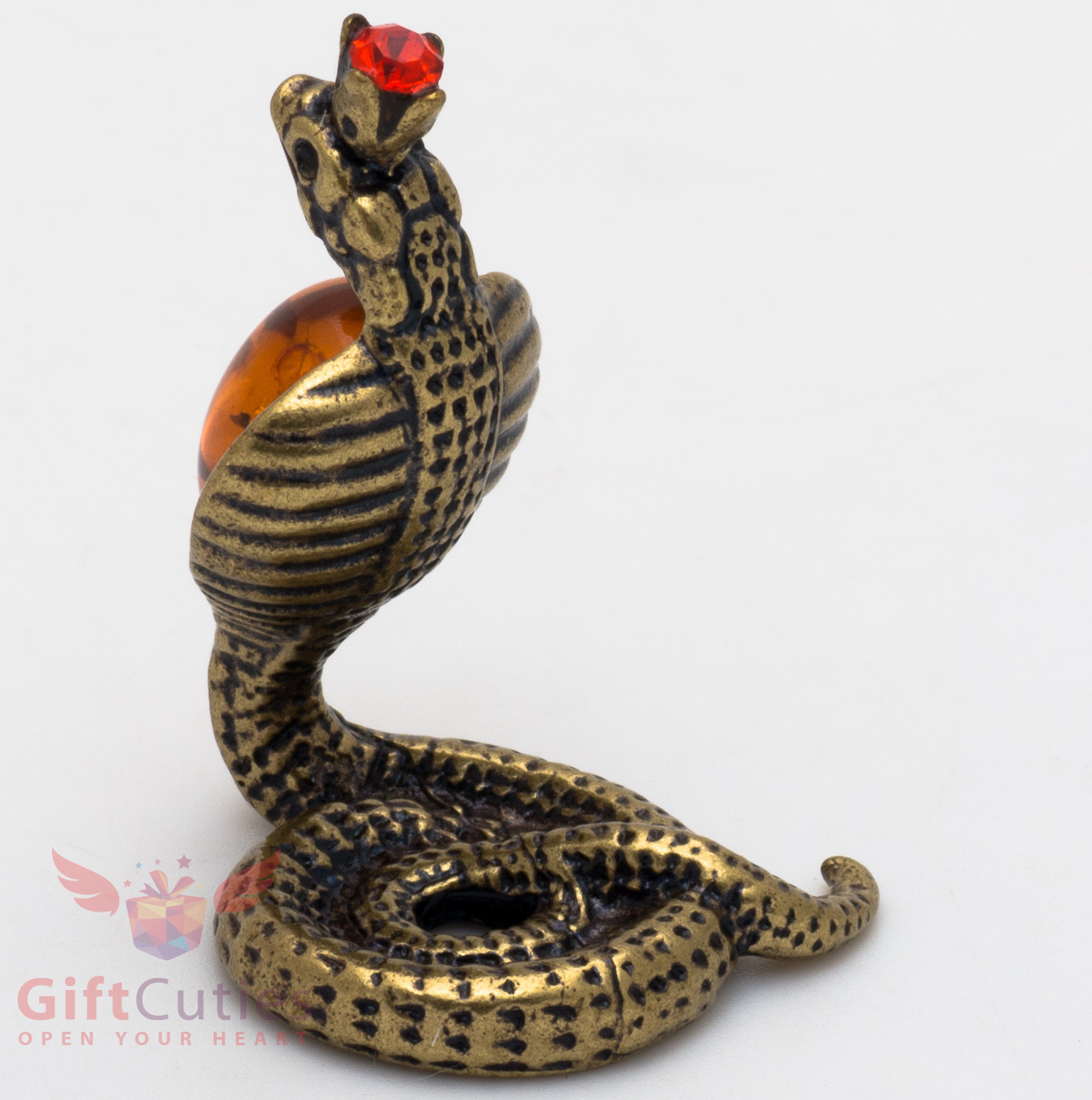 Solid Brass Amber Figurine Amulet Hood Flared Indian Cobra Snake IronWork